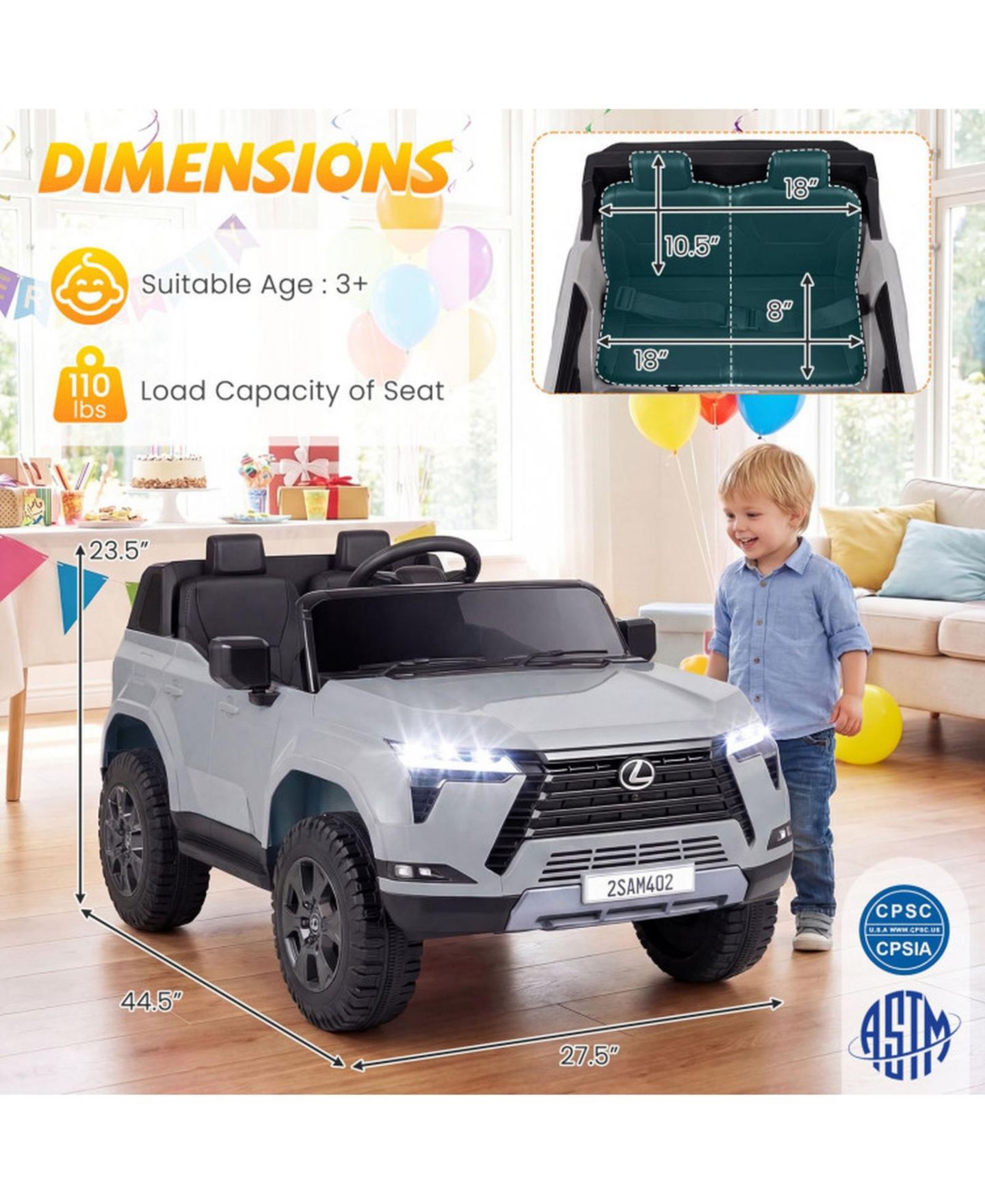 Детская игрушка SUGIFT 24V 4WD Electric Ride-On Car with Remote Control, 44.5"L x 27.5"W x 23.5"H, One Rider, Ages 3+, цвет: Серый — фото 3