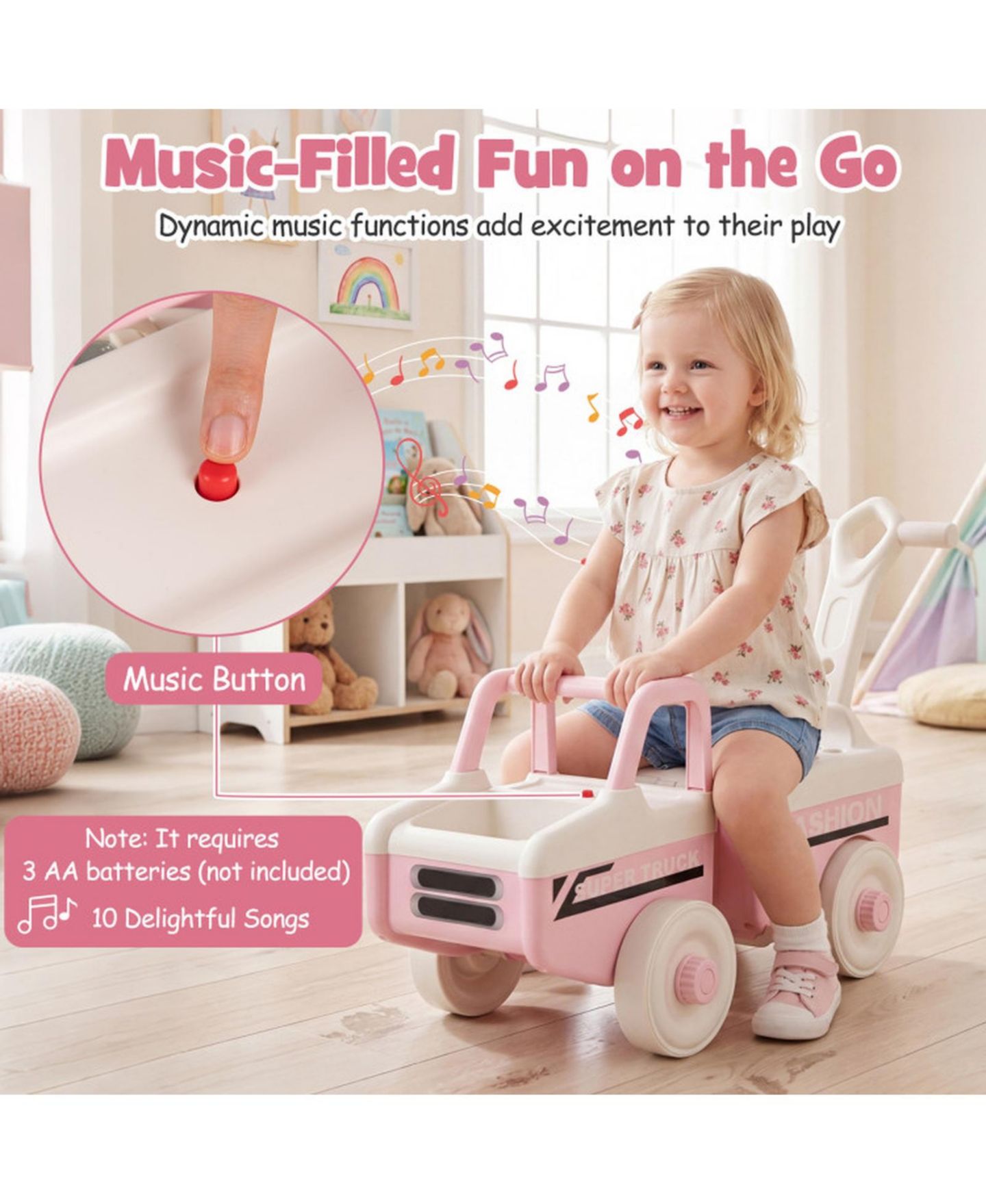 Детская игрушка SUGIFT 4-in-1 Ride On Push Car With Music and Storage, Ages 1.5-5, цвет: Розовый — фото 6
