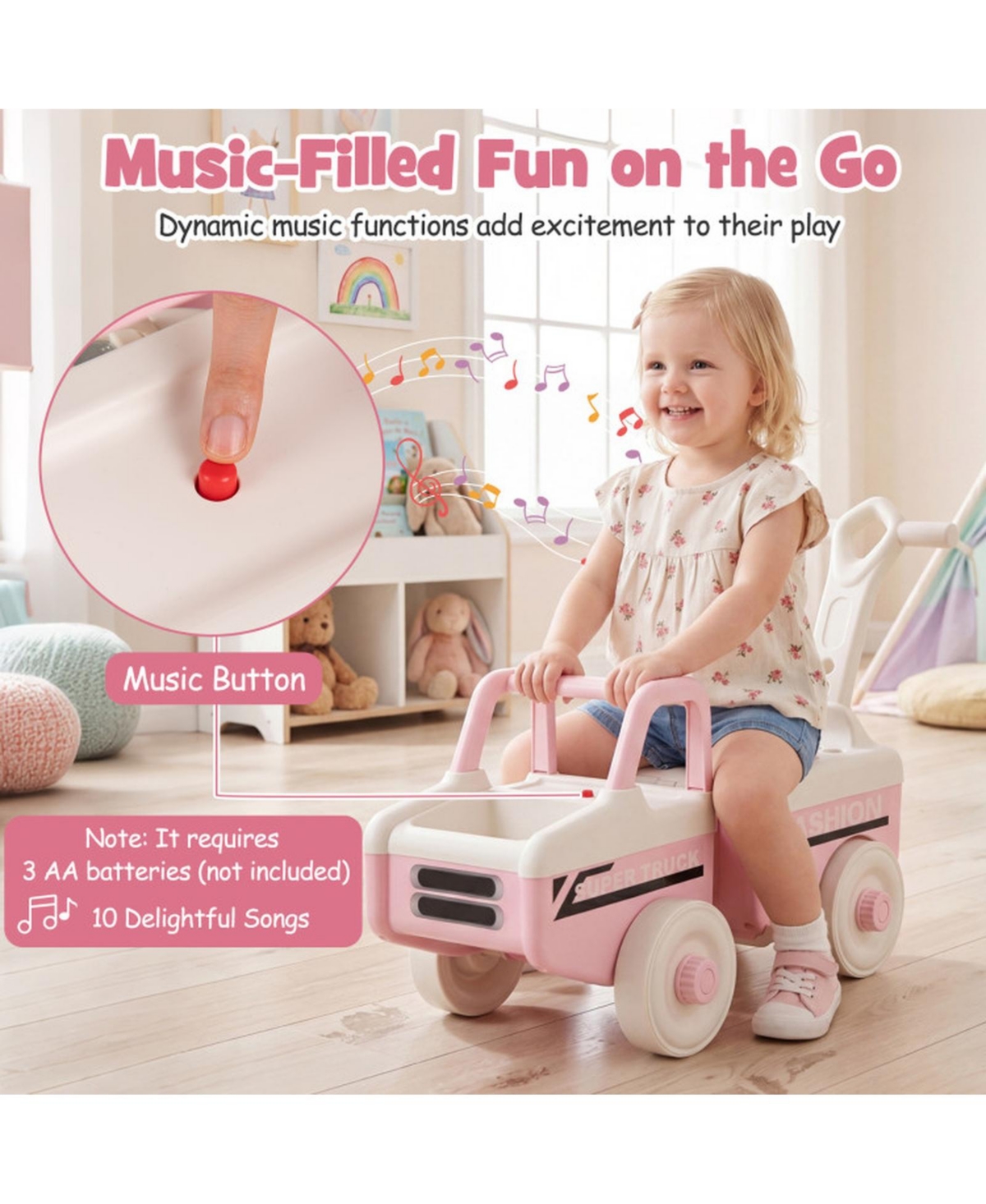 Sugift 4-in-1 Ride On Push Car With Music and Storage, Ages 1.5-5