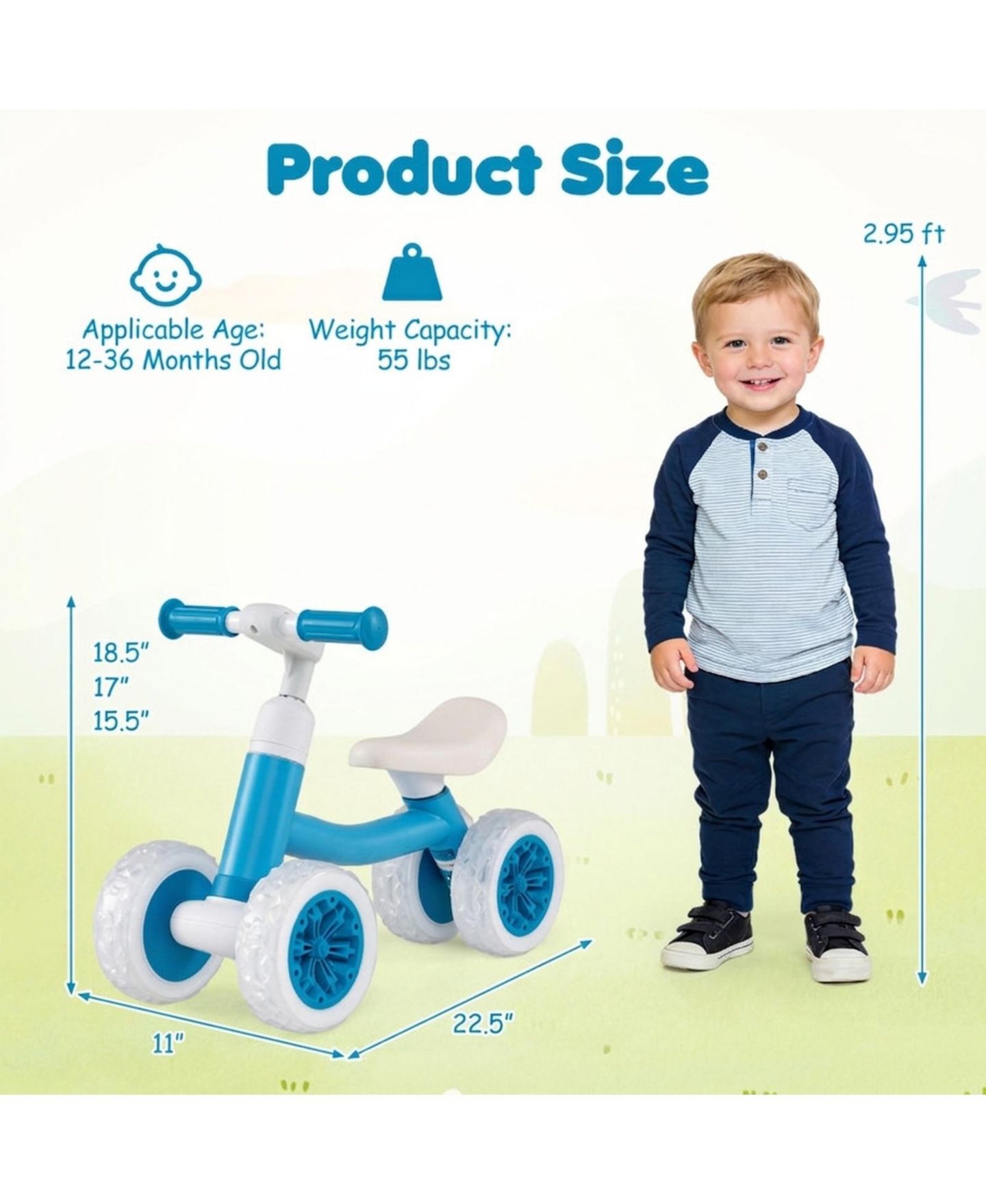 Детская игрушка SUGIFT Baby Adjustable Light-Up Wheels Balance Bike, Ages 1+, цвет: Синий — фото 3