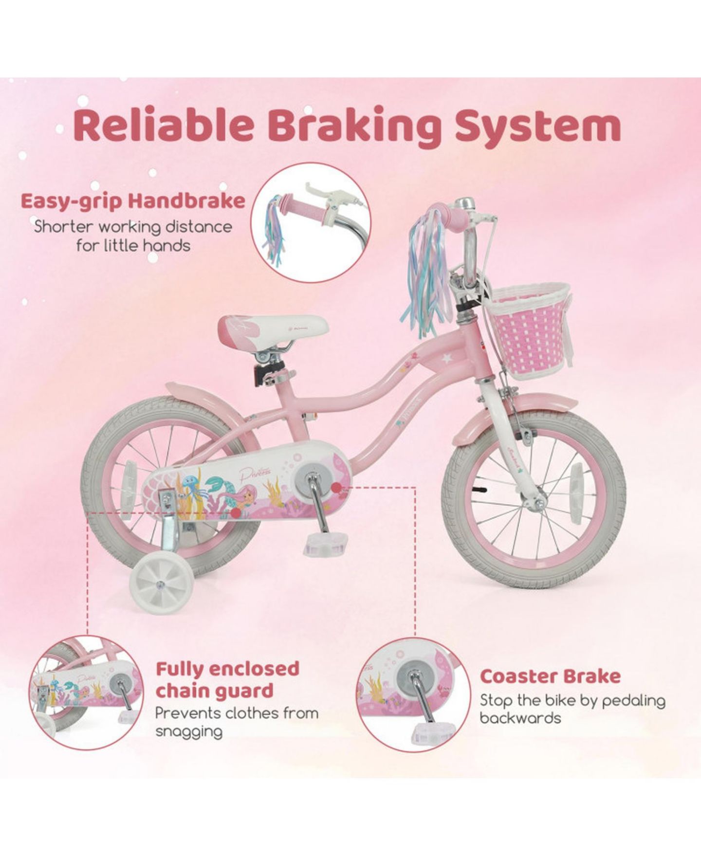 Детская игрушка SUGIFT 14 in Kids Bike Adjustable with Basket and Streamers for Girls Aged 3-5 Years Old, цвет: Розовый — фото 5