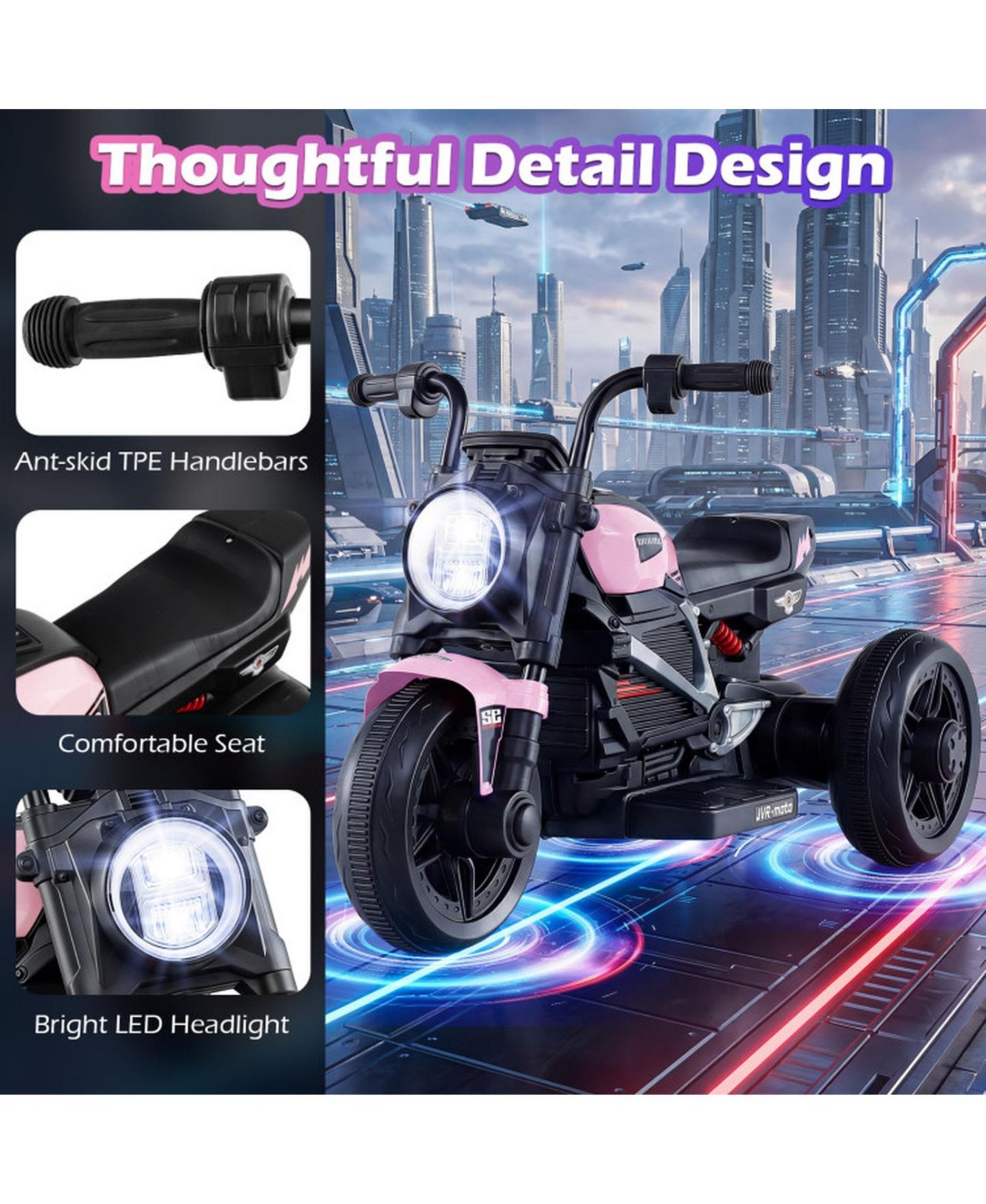 Детская игрушка SUGIFT Kids Electric 3-Wheel Motorcycle with Rechargeable Battery and LED Headlight, Ages 3-5, цвет: Розовый — фото 9