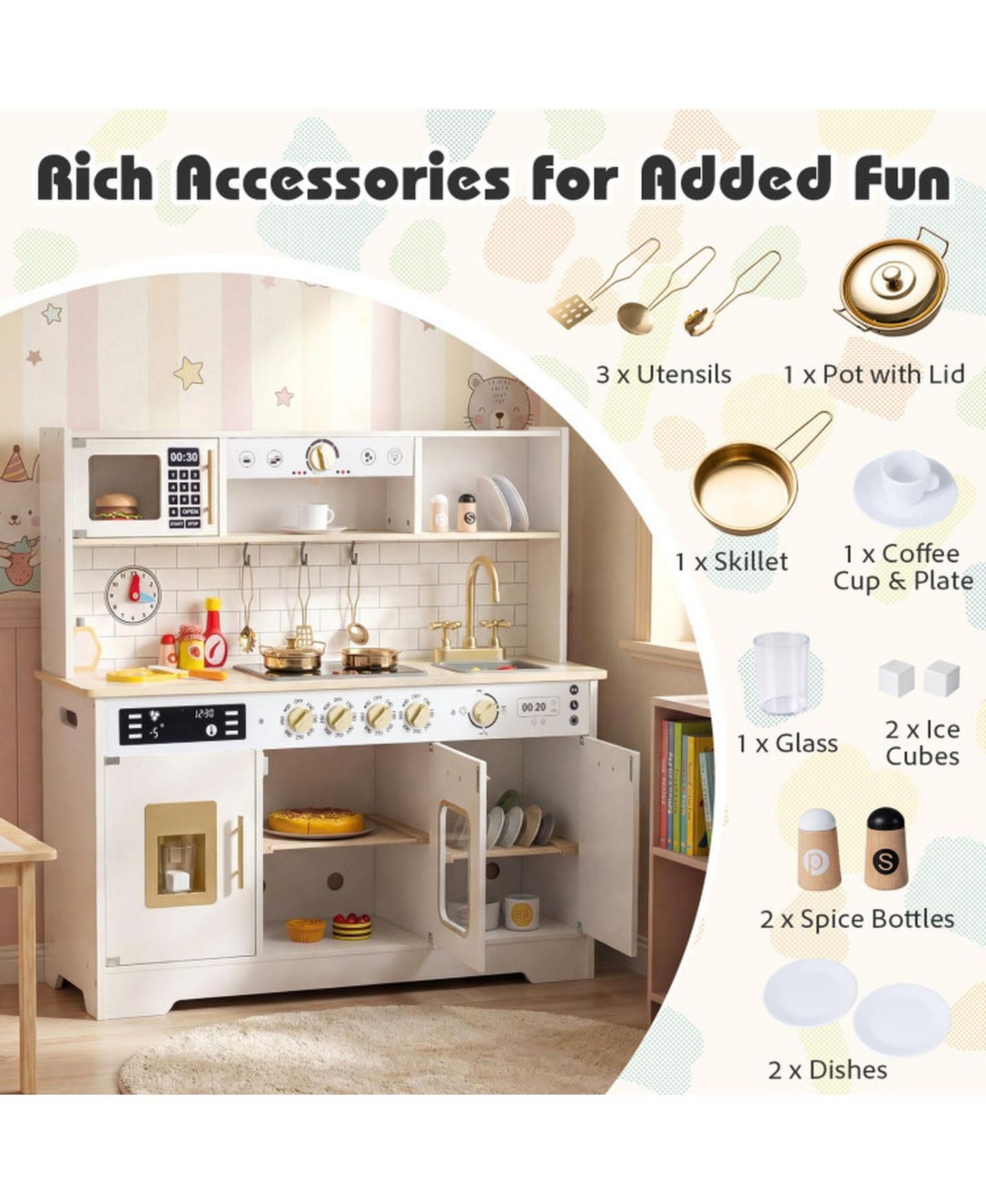 Детские игрушки SUGIFT Lights and Sounds Wooden 14-Piece Play Kitchen, Ages 3+, цвет: Белый — фото 6
