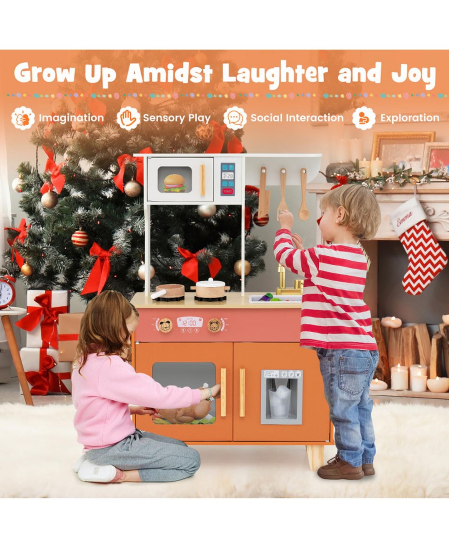 Детская игрушка SUGIFT Kids Play Kitchen with Microwave and Rotation Knobs for Girls Boys Aged 3-6, цвет: Оранжевый — фото 10