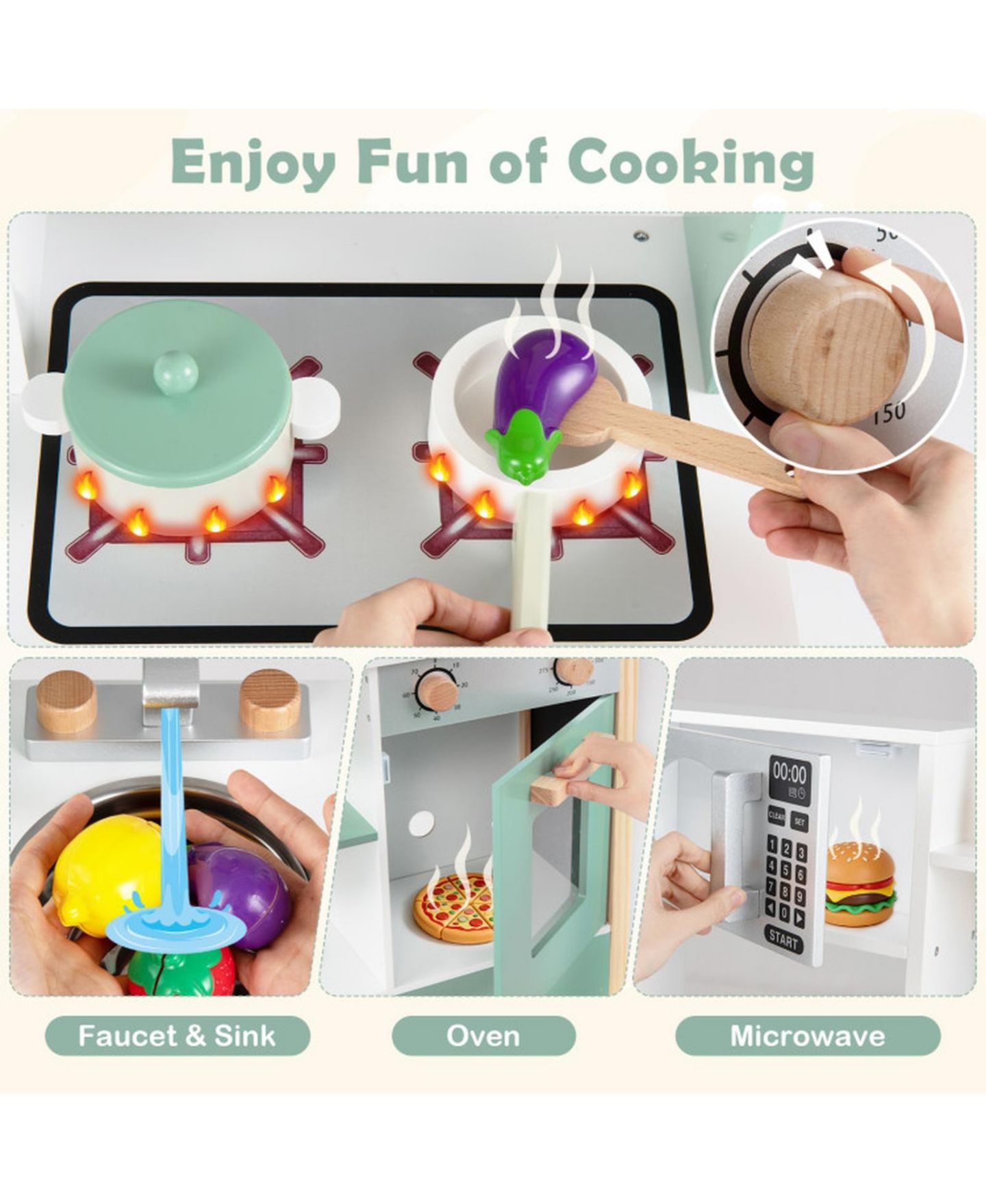 Детская игрушка SUGIFT Wooden Play Kitchen with Chalkboard, 13-Piece Playset, Ages 3+, цвет: Зелёный — фото 6