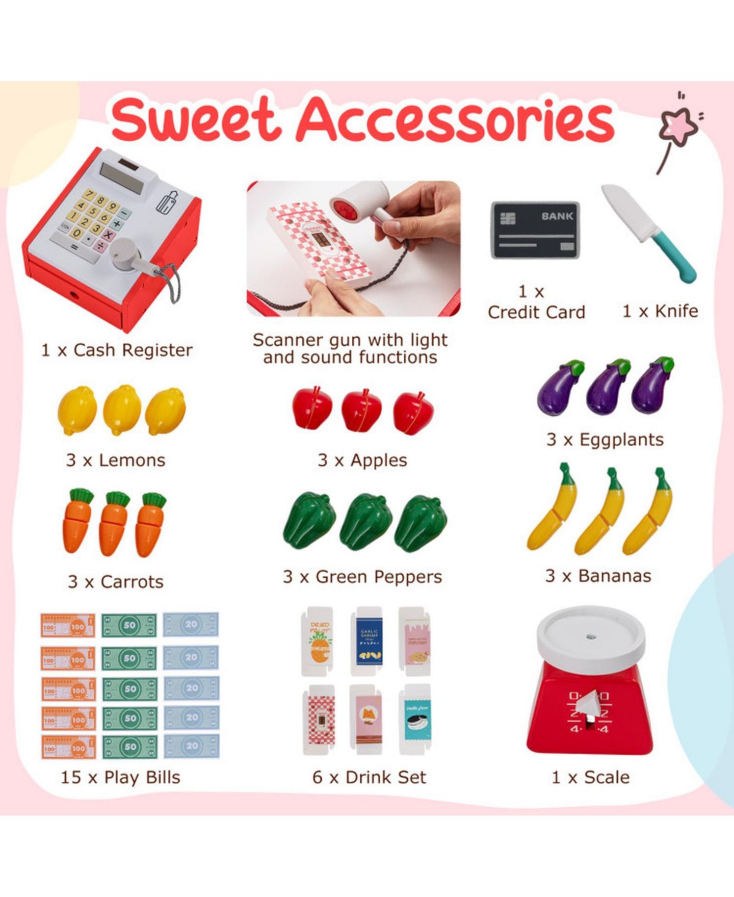 Детский игровой набор SUGIFT Wooden Grocery Store Interactive Playset with Shopping Cart, Ages 3+, цвет: Красный — фото 5