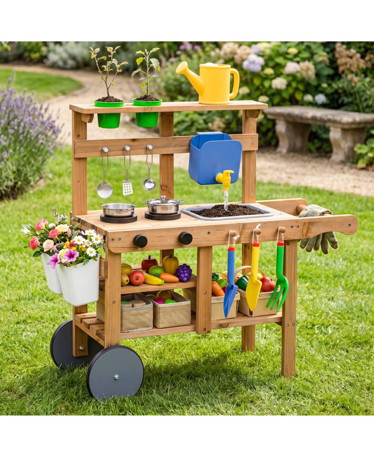 Детские игрушки SUGIFT Water Tank & Sink 15-Piece Mud Kitchen, Ages 3+, цвет: Натуральный — фото 10
