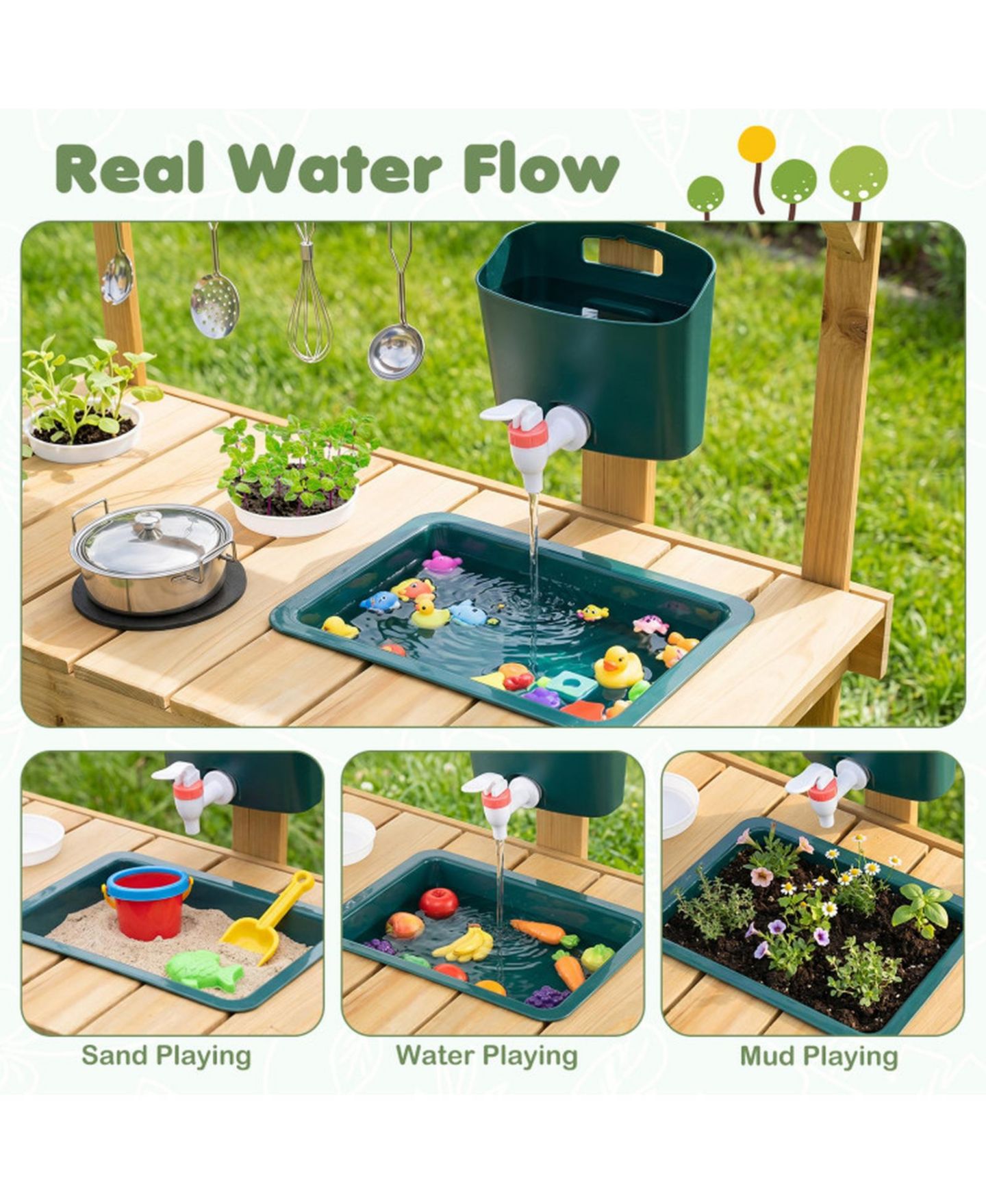 Детская игрушка SUGIFT Wooden Raised Planter Box Mud Play Kitchen with 2 Flowerpots, Ages 3+, цвет: Натуральный — фото 9