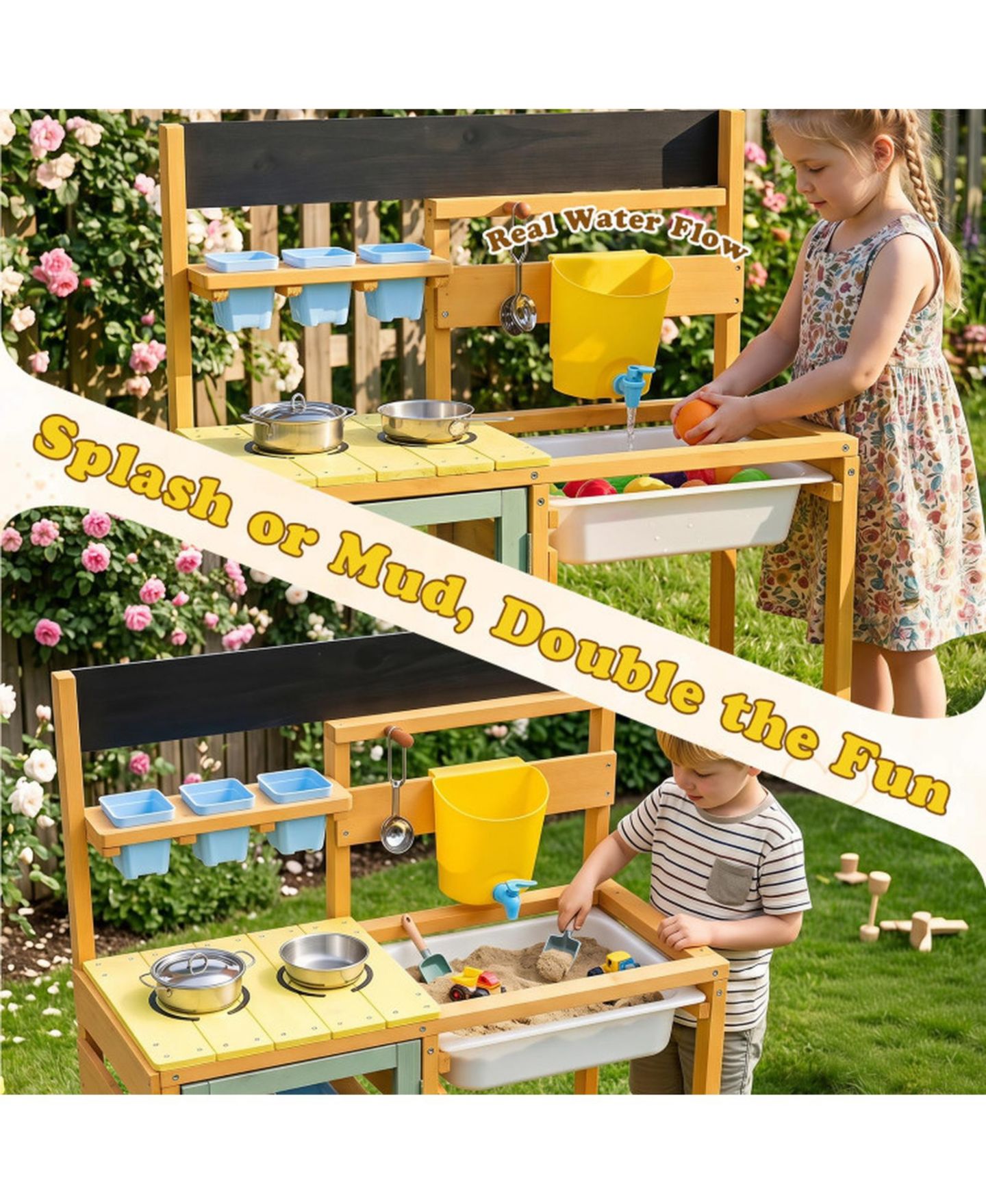Детские игрушки SUGIFT Wooden 13-Piece Mud Kitchen with Water Tank, Faucet, and 2 Stoves, Ages 3+, цвет: Жёлтый — фото 7