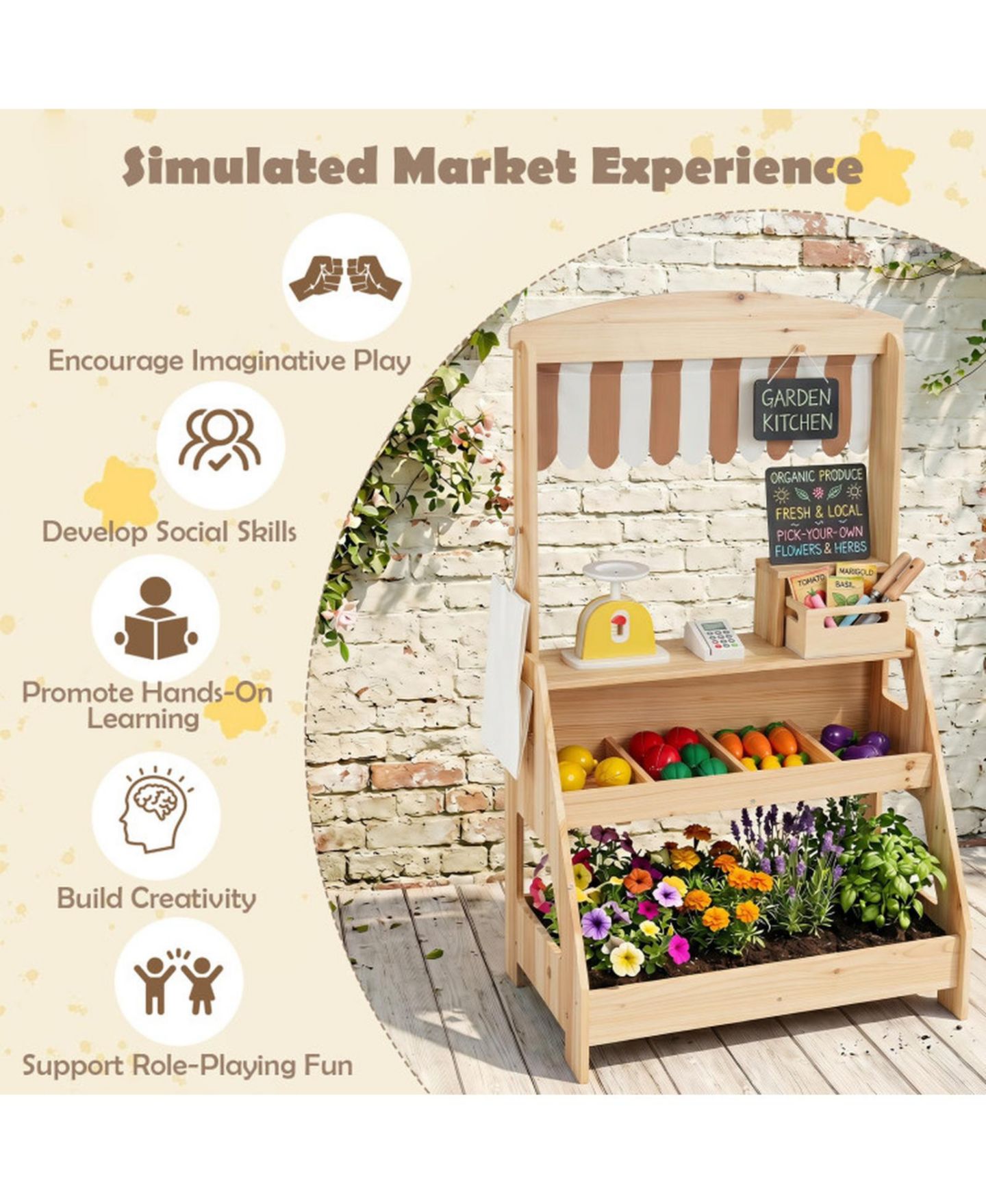 Детский игровой набор SUGIFT 2-in-1 Wooden Mud Kitchen and Market Stand 25-Piece Playset, Ages 3+, цвет: Натуральный — фото 5