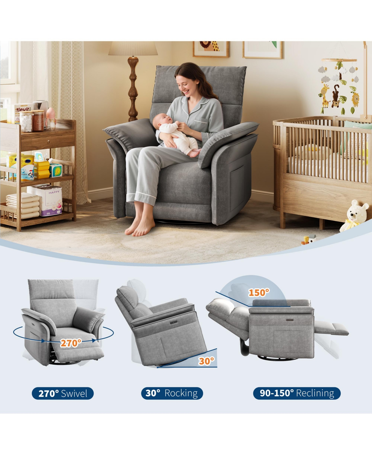homfan Recliner Chair, 360degree(s) Swivel Rocker Glider Nursery Chair with Padded Armrest and Deep Seat