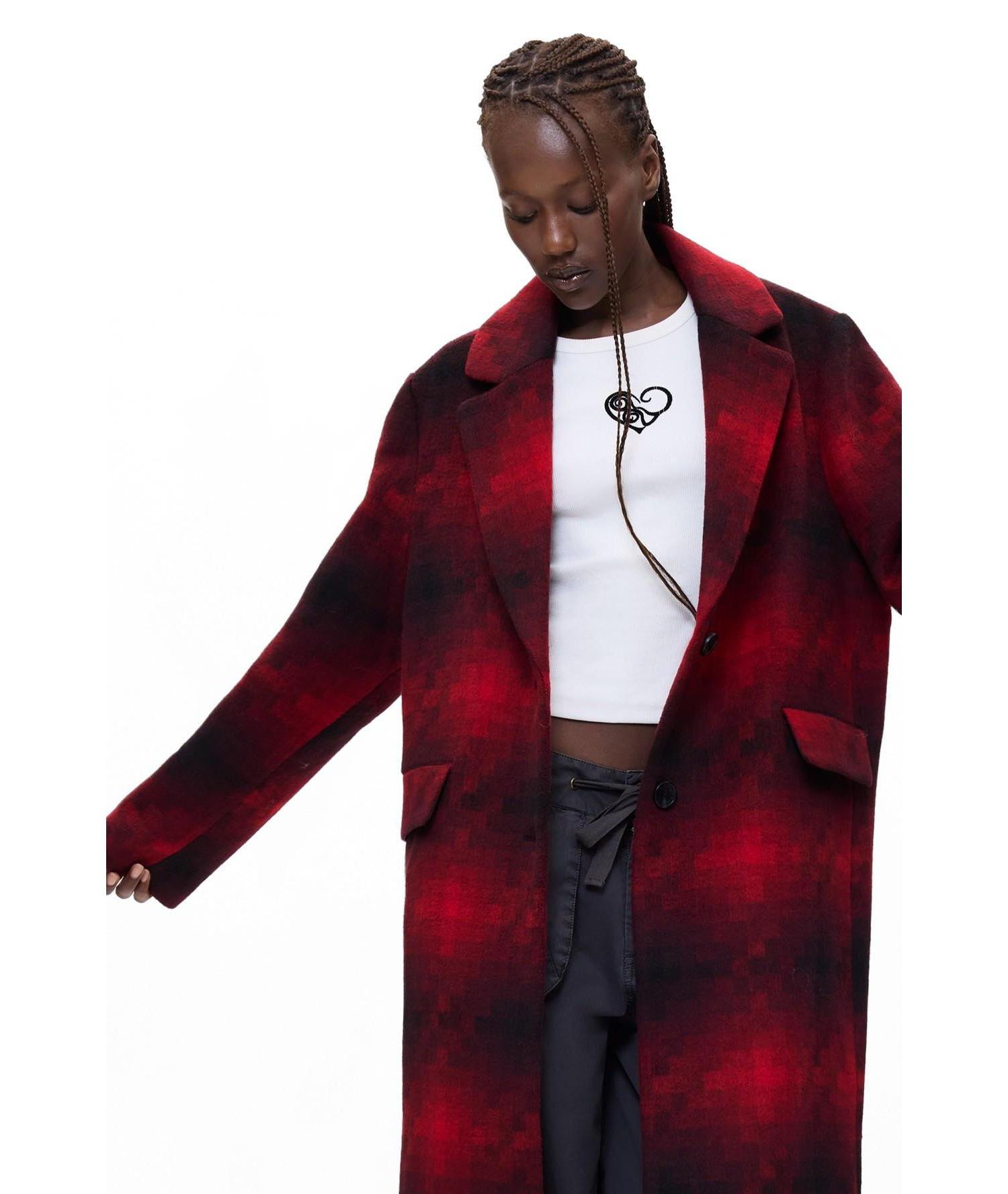 Women's Long Checked Coat with wool