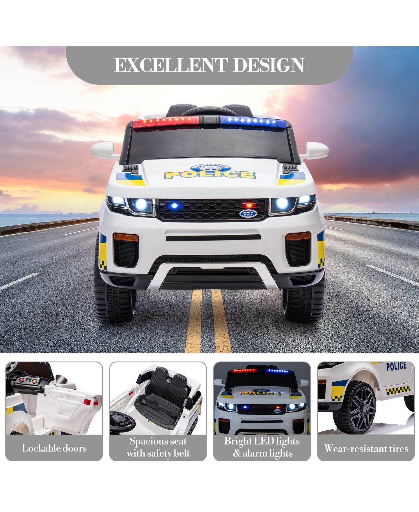 Детская игрушка homfan 12V Electric Ride-On Police Car with Remote Control & LED Flashing Lights, Ages 3+ — фото 8