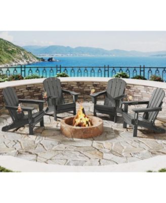 Set of 4 Folding Adirondack Chair All-Weather HDPE Wood Texture Outdoor Chair with Cup Holder for Patio or Fire Pit