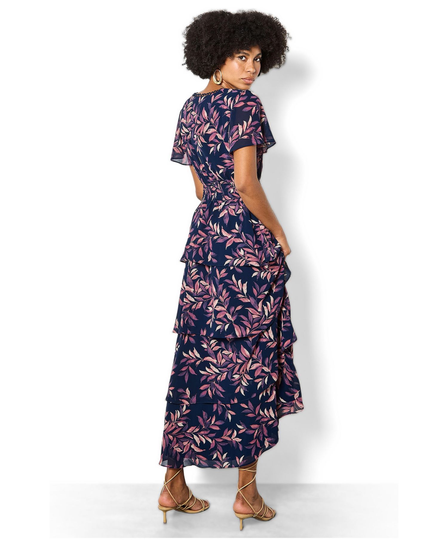 Women's Tiered Leaf Print Short-Sleeve Dress