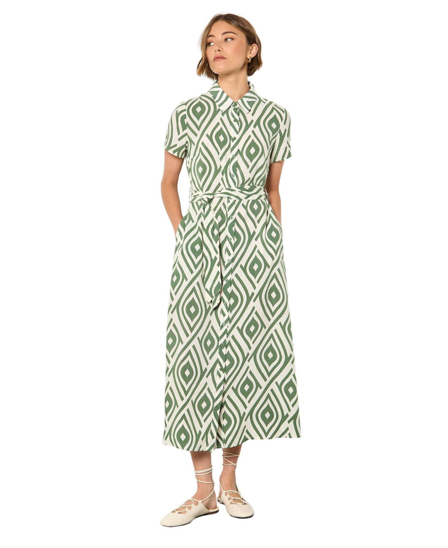 Women's Short-Sleeve Geometric-Print Midi Shirt Dress