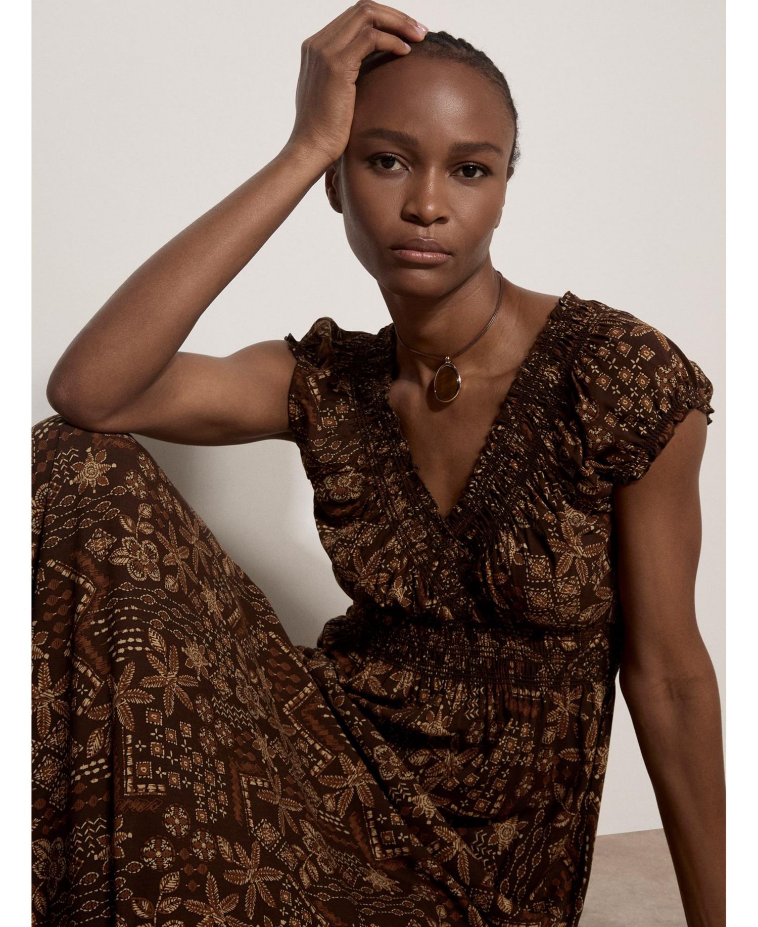 Women's Batik Star Flower V-Neck Cap-Sleeve Boho Maxi Dress