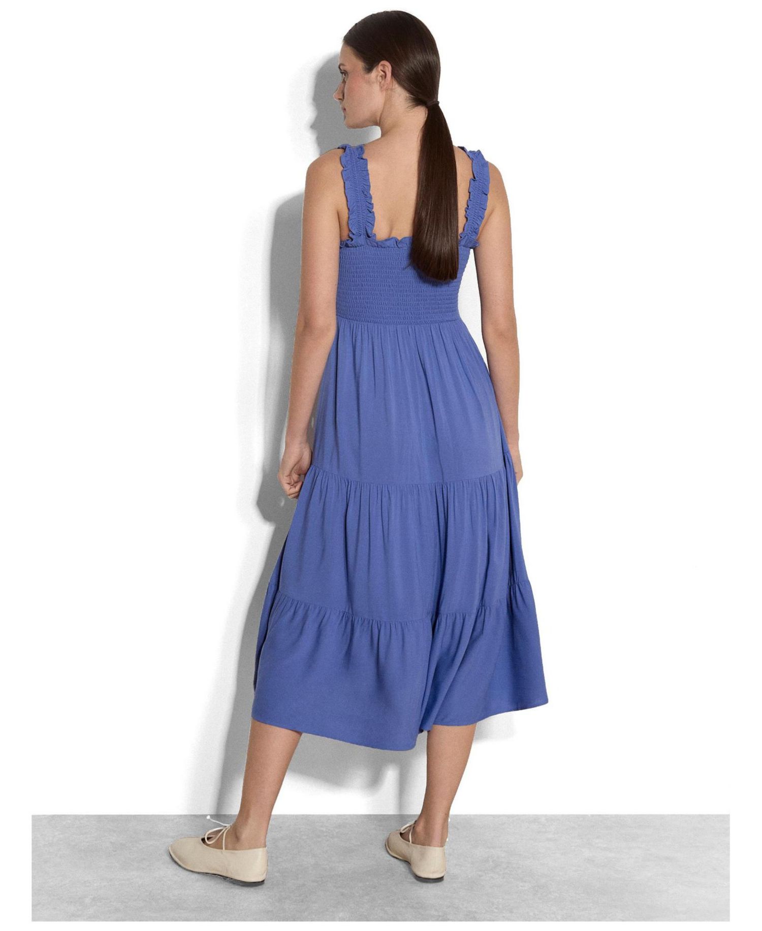 Women's Slub Smock Tiered Midi Square Neck Dress