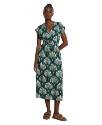 Women's Smocked V-Neck Midi Dress with Pockets