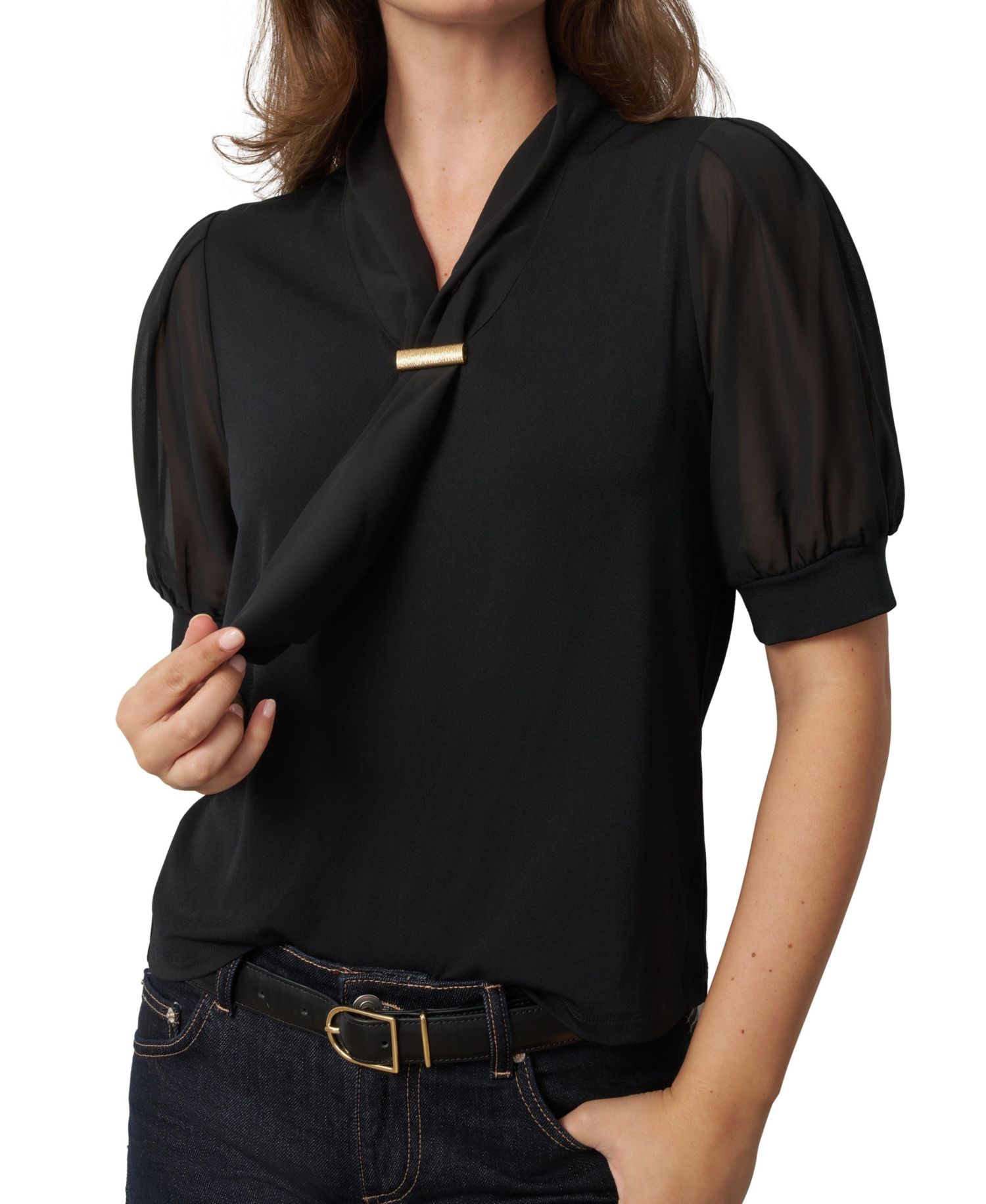 Women's Tie-Neck Short-Sleeve Puff Blouse