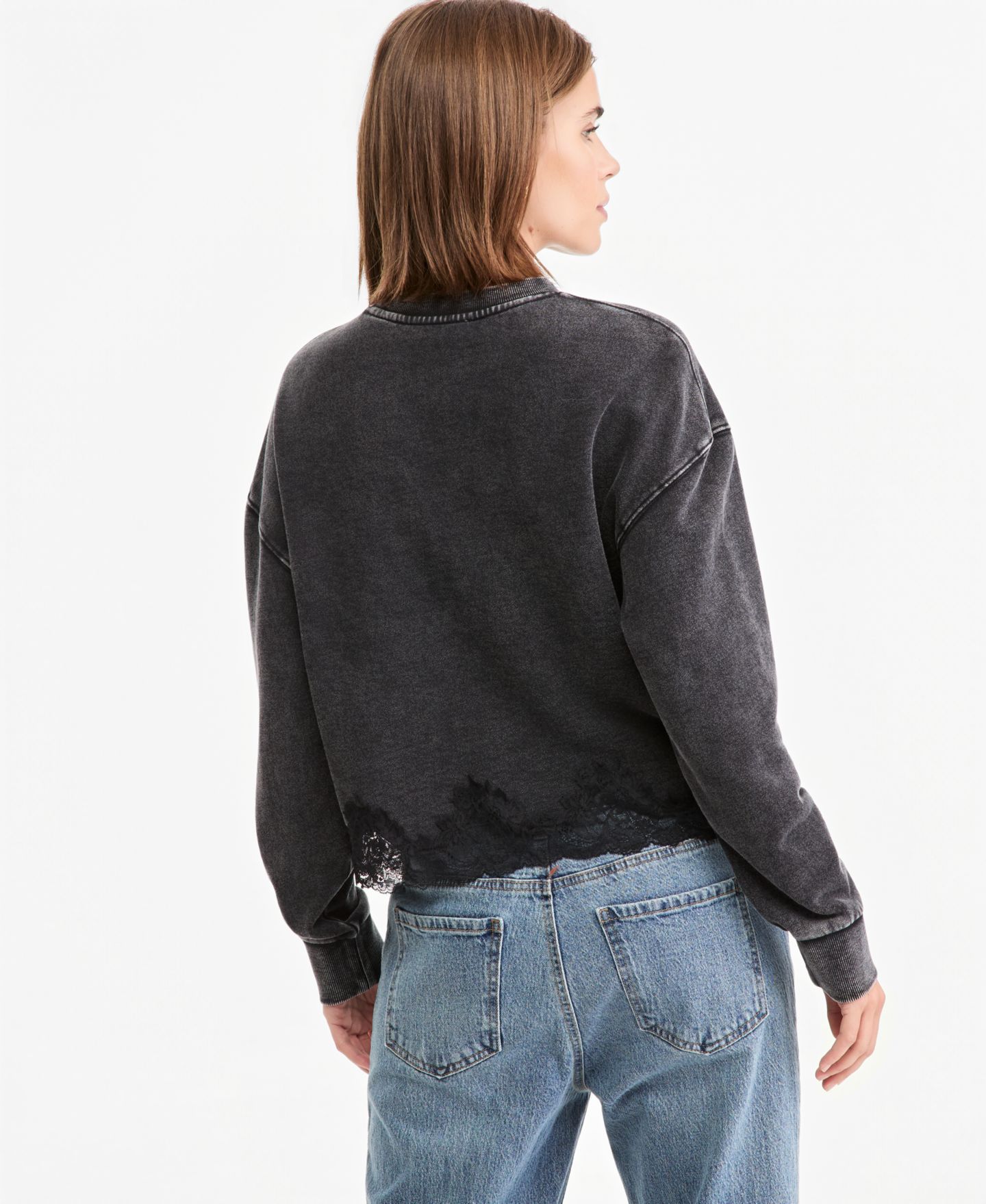 Женская толстовка And Now This Petite Lace-Trim Long-Sleeve Fleece Lounge Sweatshirt, цвет: Чёрный — фото 3