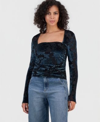 Women's Velvet Burnout Knit Ruched Blouse