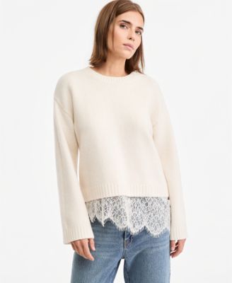 Women's Lace-Trim Long-Sleeve Crewneck Sweater