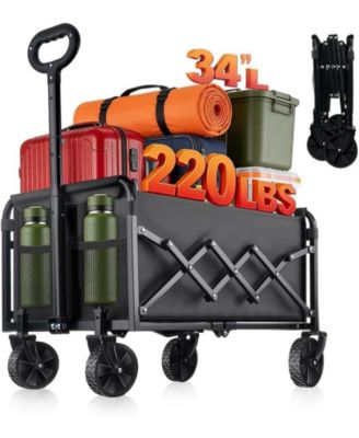 Collapsible Foldable Wagon Cart,220LBS Heavy Duty, All-Terrain Wheels,2 Cup Holders, Utility Cart, Black, Grocery Beach Sports Shopping
