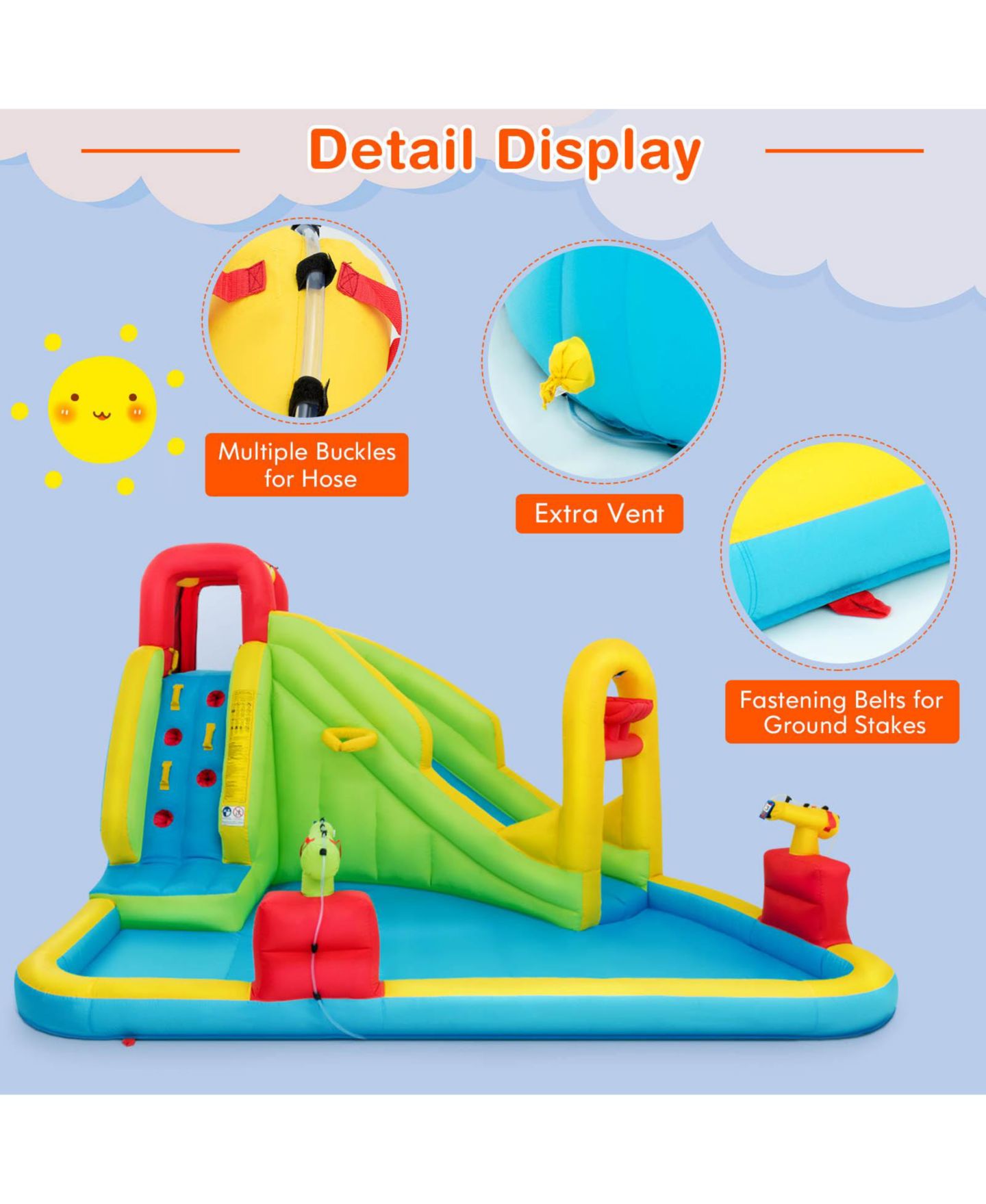 Детская игрушка Costway Inflatable Water Slide Oxford Cloth Bounce House with Splash Pool, Climbing Wall & Basketball Rim, Ages 3-10, цвет: Синий — фото 9