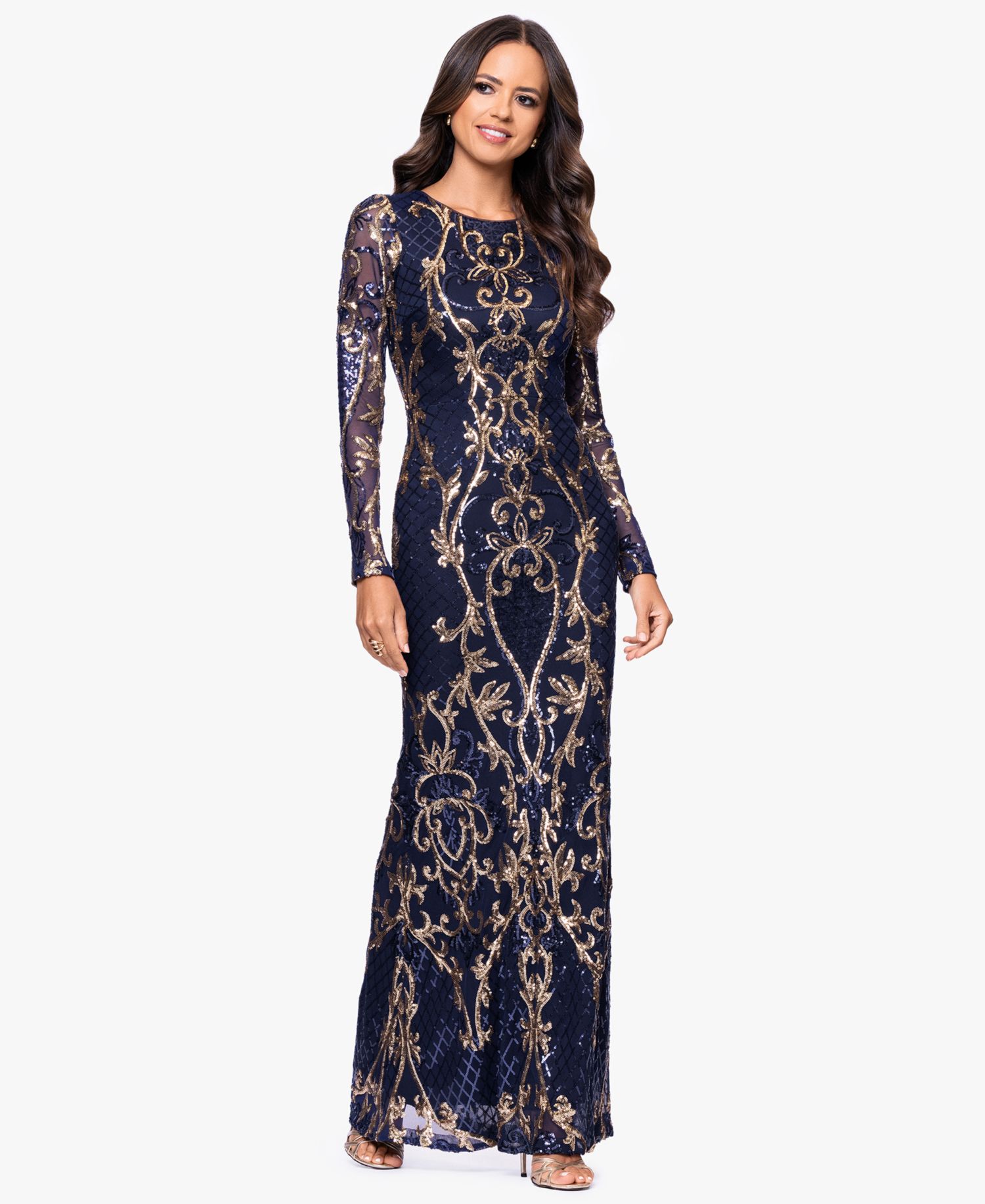 Betsy & Adam Petite Sequinned Mesh-Sleeve Evening Gown