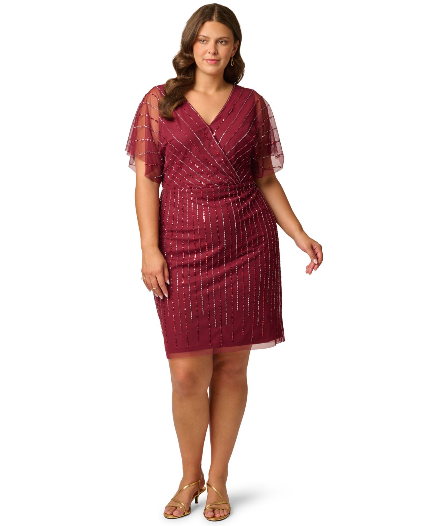 Plus Size Sequin Beaded Flutter-Sleeve Dress