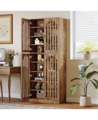 70.86" Tall Bookcase with 4 Slatted Doors: 9-tier Farmhouse Bookshelf with Storage Shelves Cabinet for Home Office, Living Room