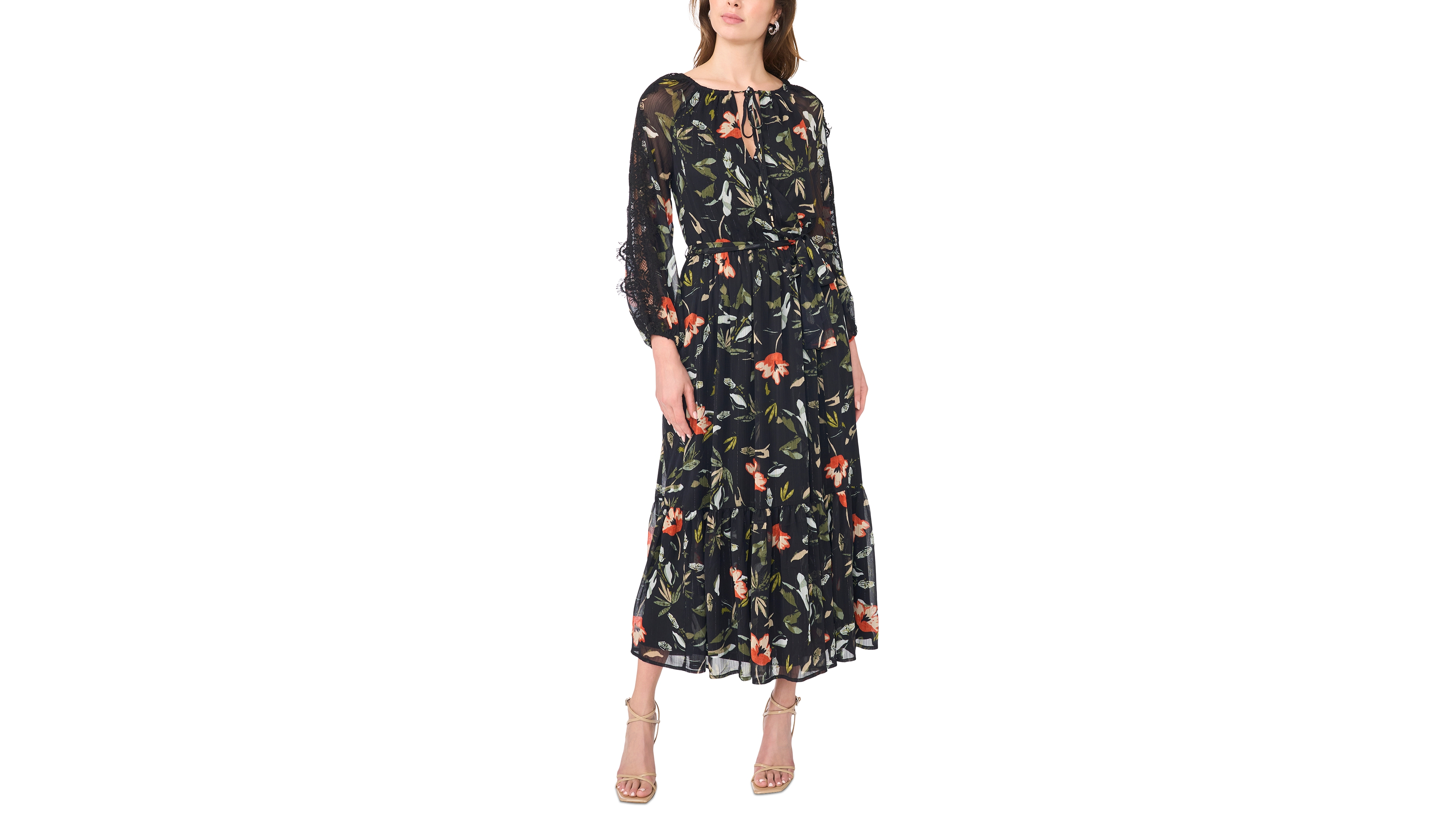 Msk Women's Floral-Print Tiered Long-Sleeve Maxi Dress