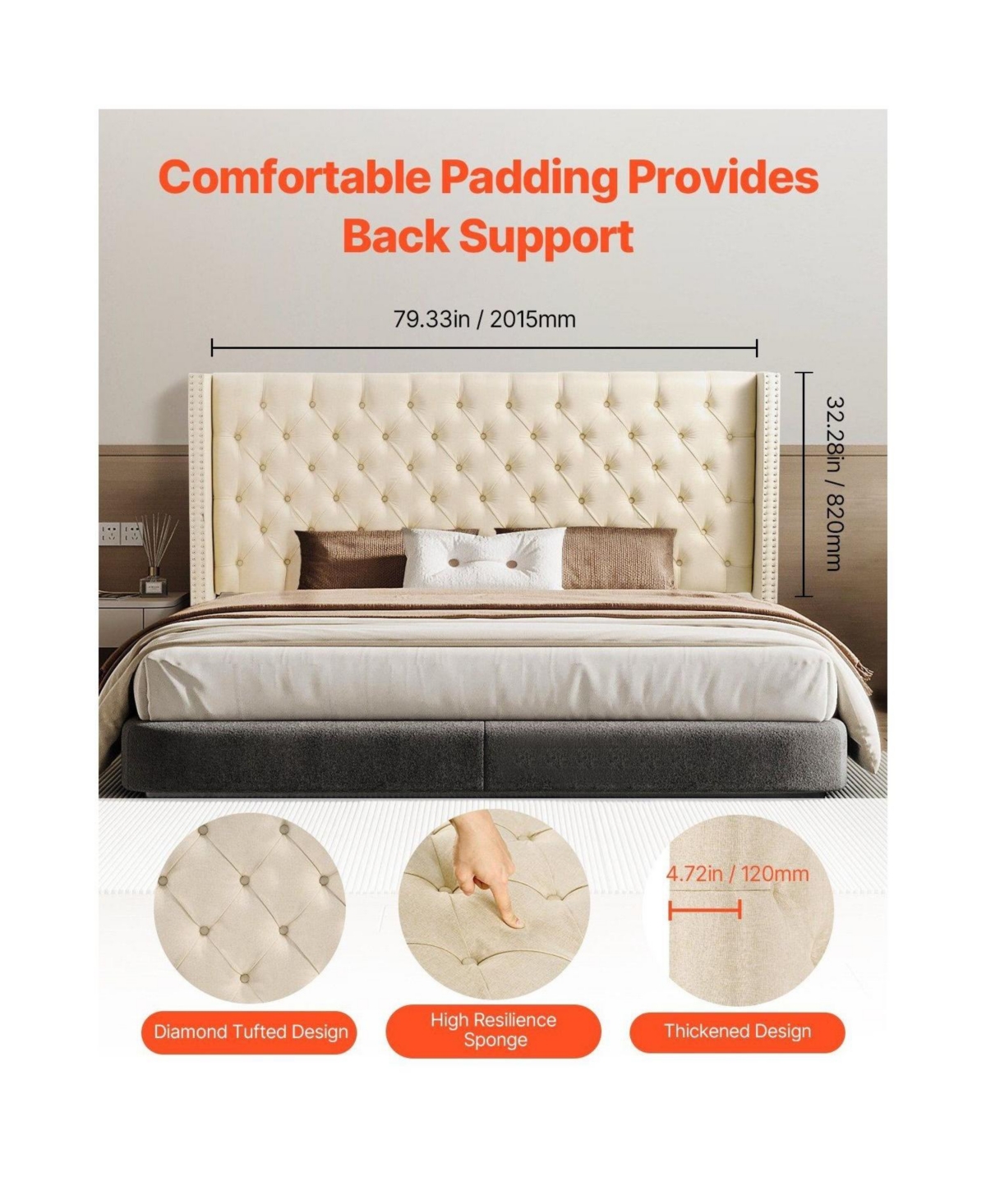 Slickblue King Size Bed Headboard with Padded Diamond Tufting and Adjustable Height Design