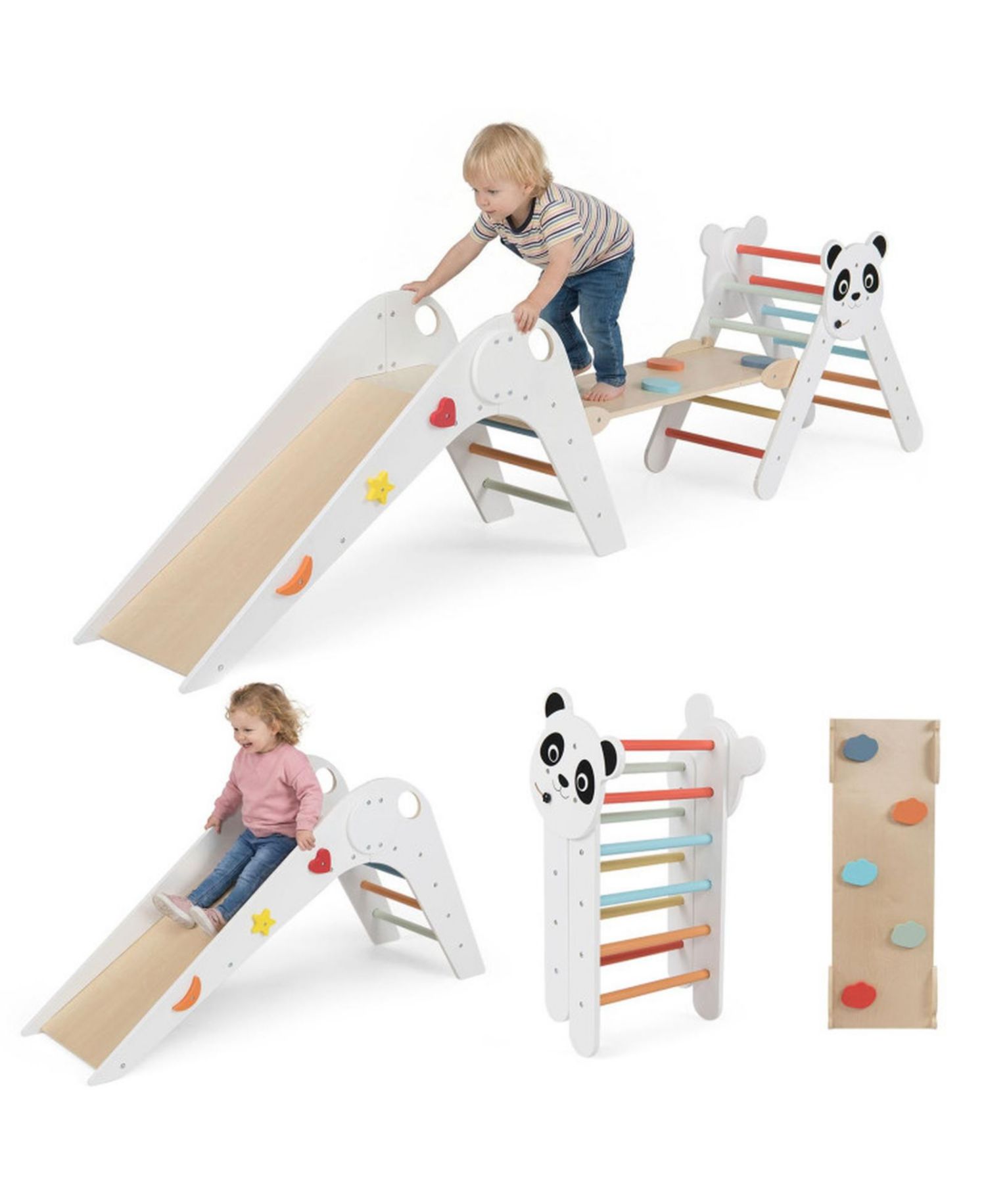 Ages 3+ Montessori Foldable 3-Piece Climbing Triangle, Slide, and Balance Bridge Set