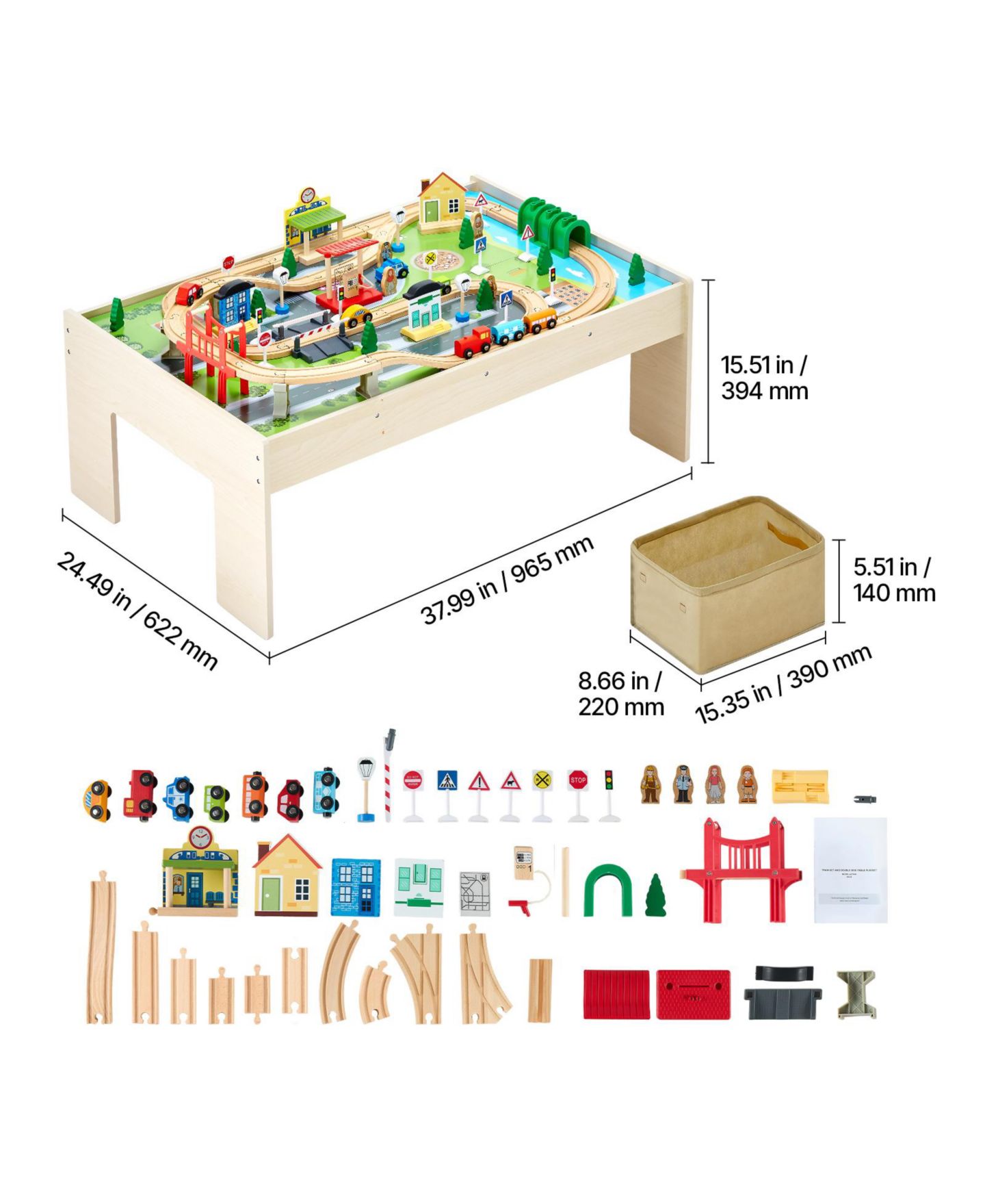 Детские игрушки HONGGE 84-Piece Reversible Tabletop Wooden Train Table with Collapsible Storage Bin, цвет: Зелёный / Коричневый — фото 8