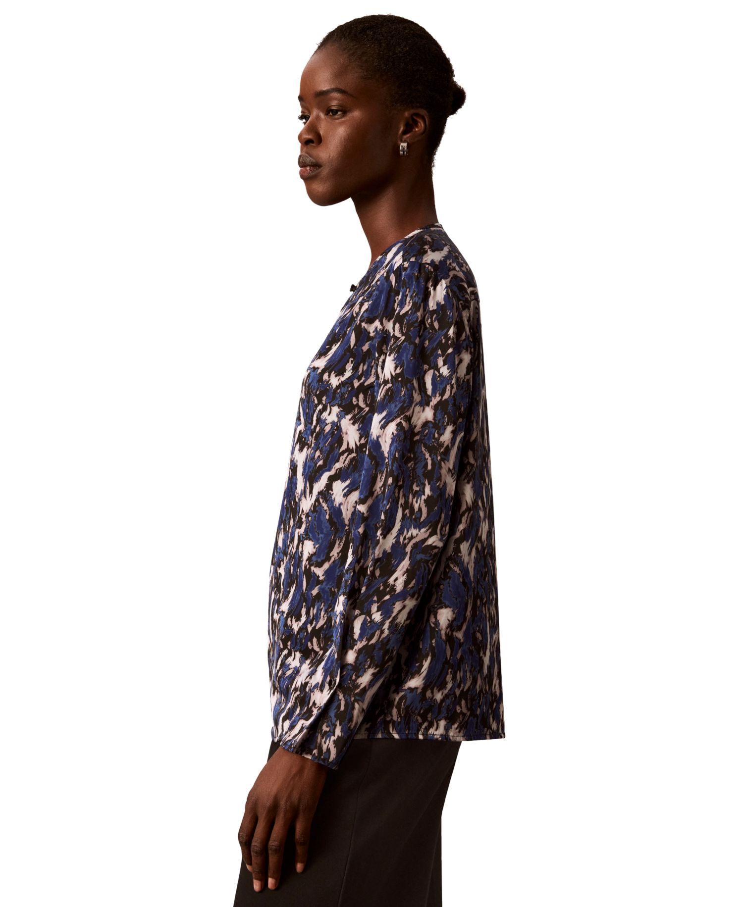 Women's Button-Front Long-Sleeve Crewneck Blouse
