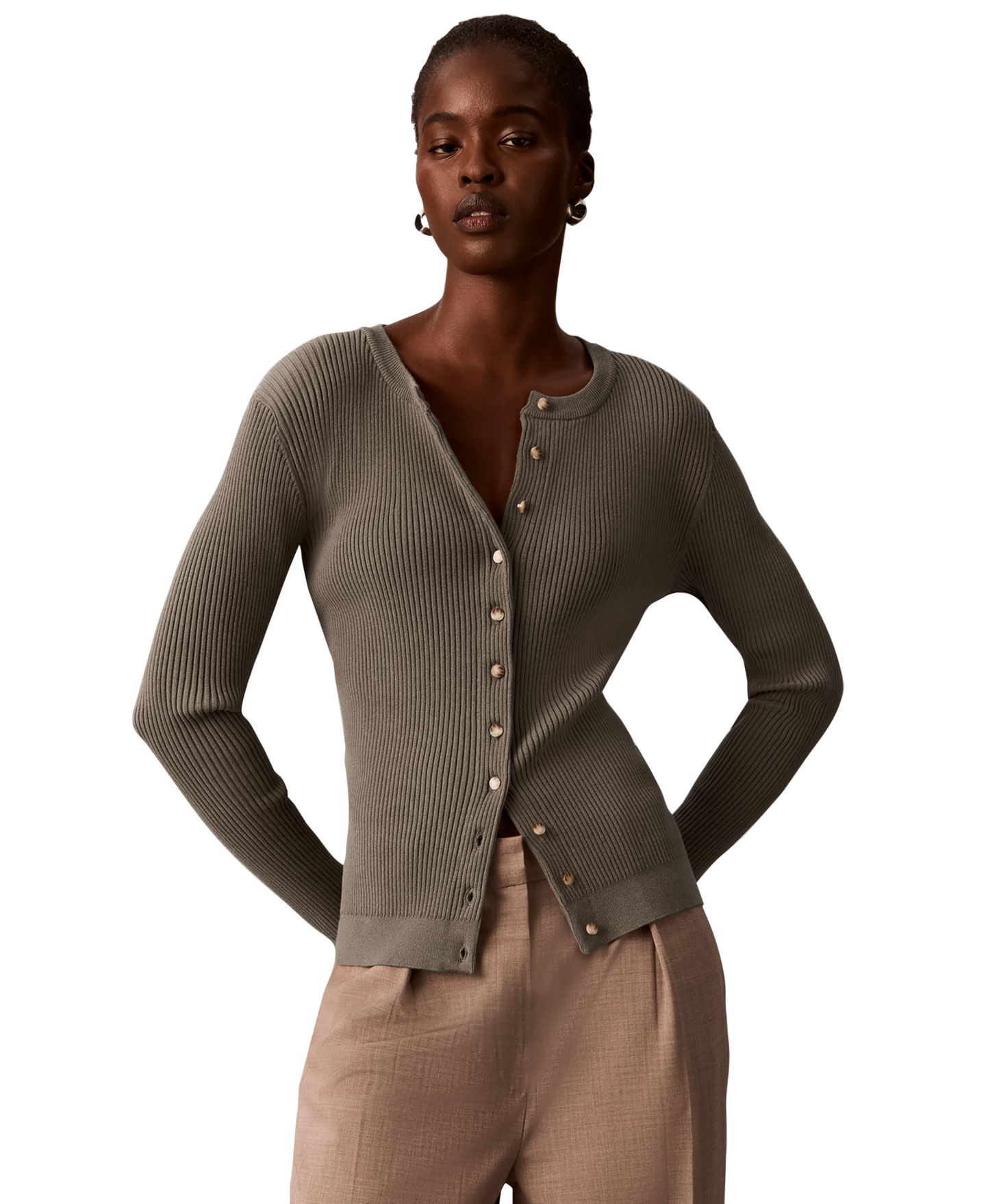 Женский кардиган Calvin Klein Button-Front Ribbed Cardigan, цвет: Железный — фото 1