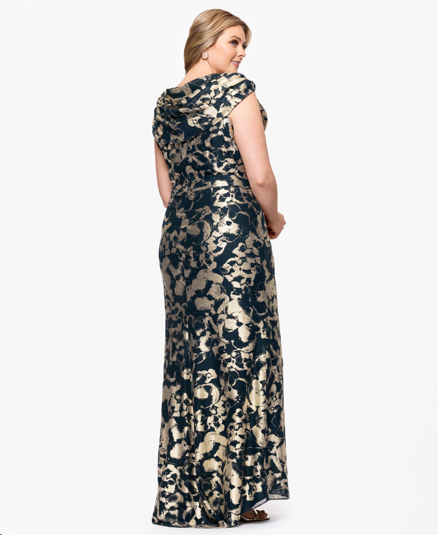 Plus Size Metallic Print Cowlneck Gown