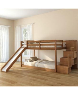 Bear Plywood Twin/Twin Low Bunk with Slide and Staircase, Oak Embossed Pecan