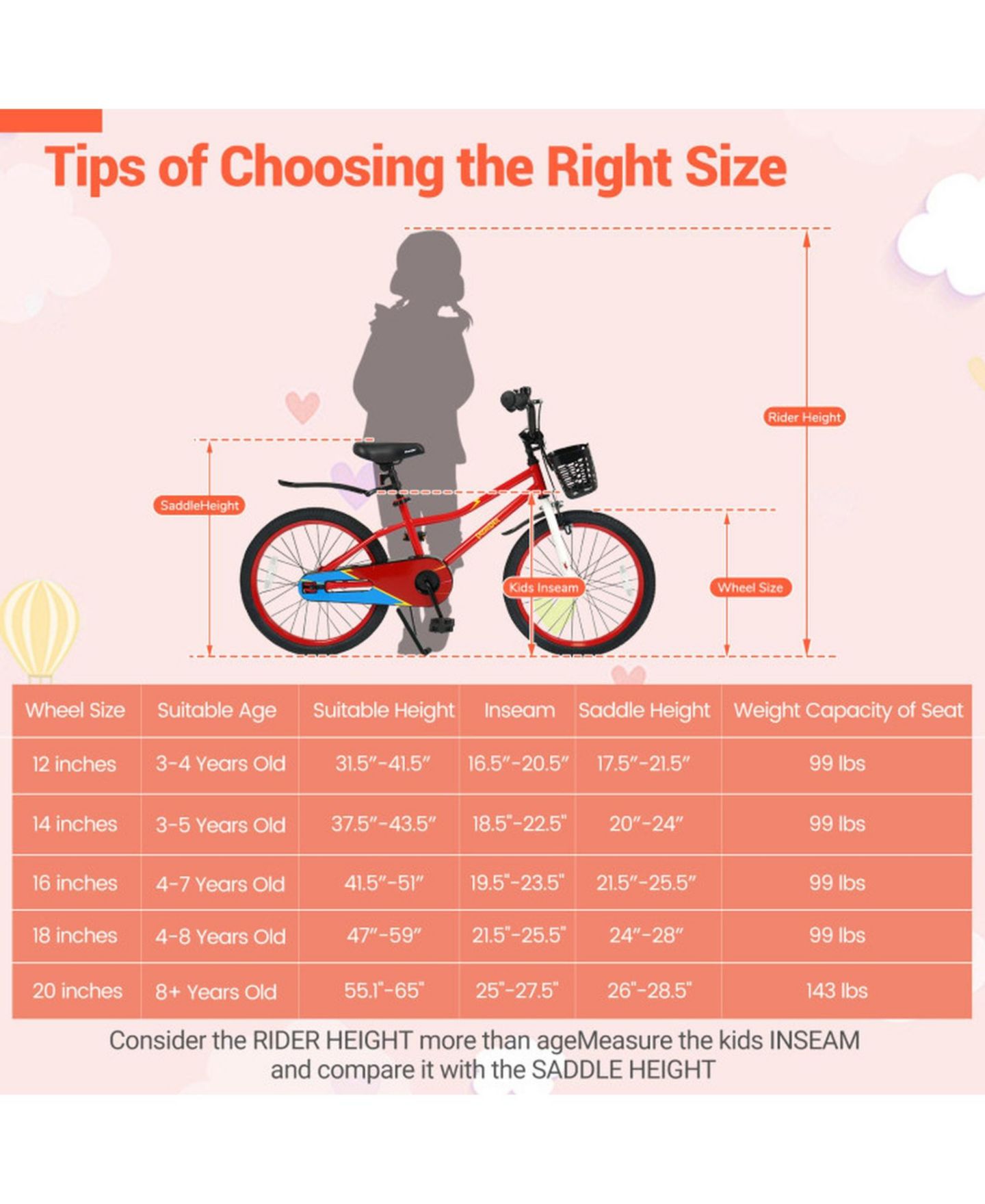 Детская игрушка HONGGE 20-Inch Height-Adjustable Kids Bike with Dual Brakes, Storage Basket, 143 lbs. Capacity, Ages 8+, цвет: Красный — фото 3