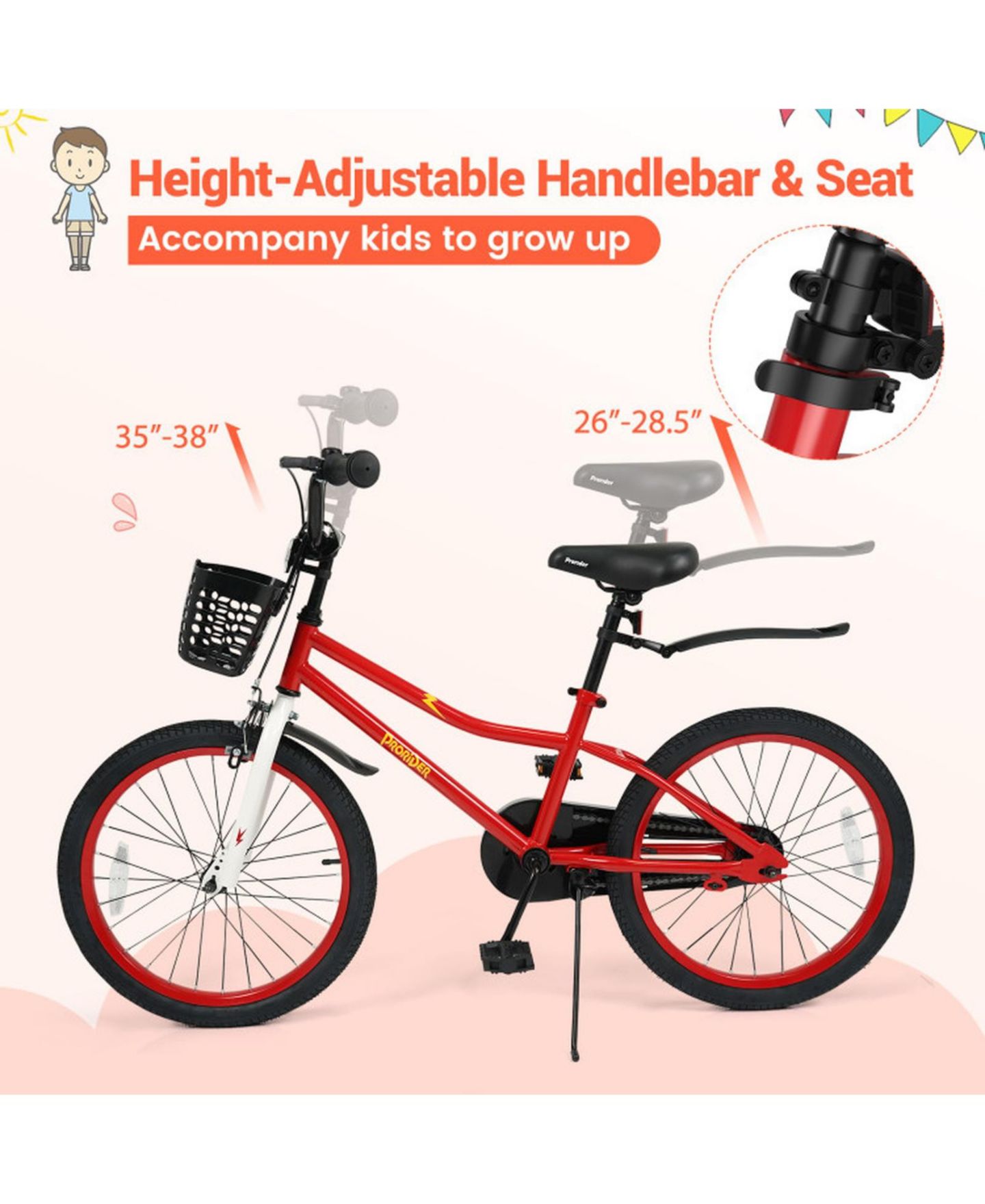 Детская игрушка HONGGE 20-Inch Height-Adjustable Kids Bike with Dual Brakes, Storage Basket, 143 lbs. Capacity, Ages 8+, цвет: Красный — фото 5