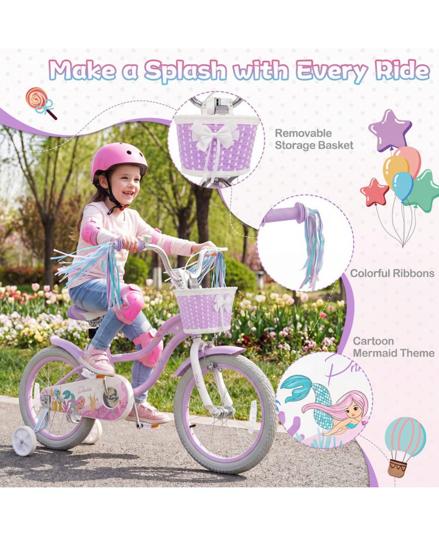 Детская игрушка HONGGE 16-Inch Girls Bike with Mermaid Streamers and Training Wheels, Ages 4-7, цвет: Фиолетовый — фото 5
