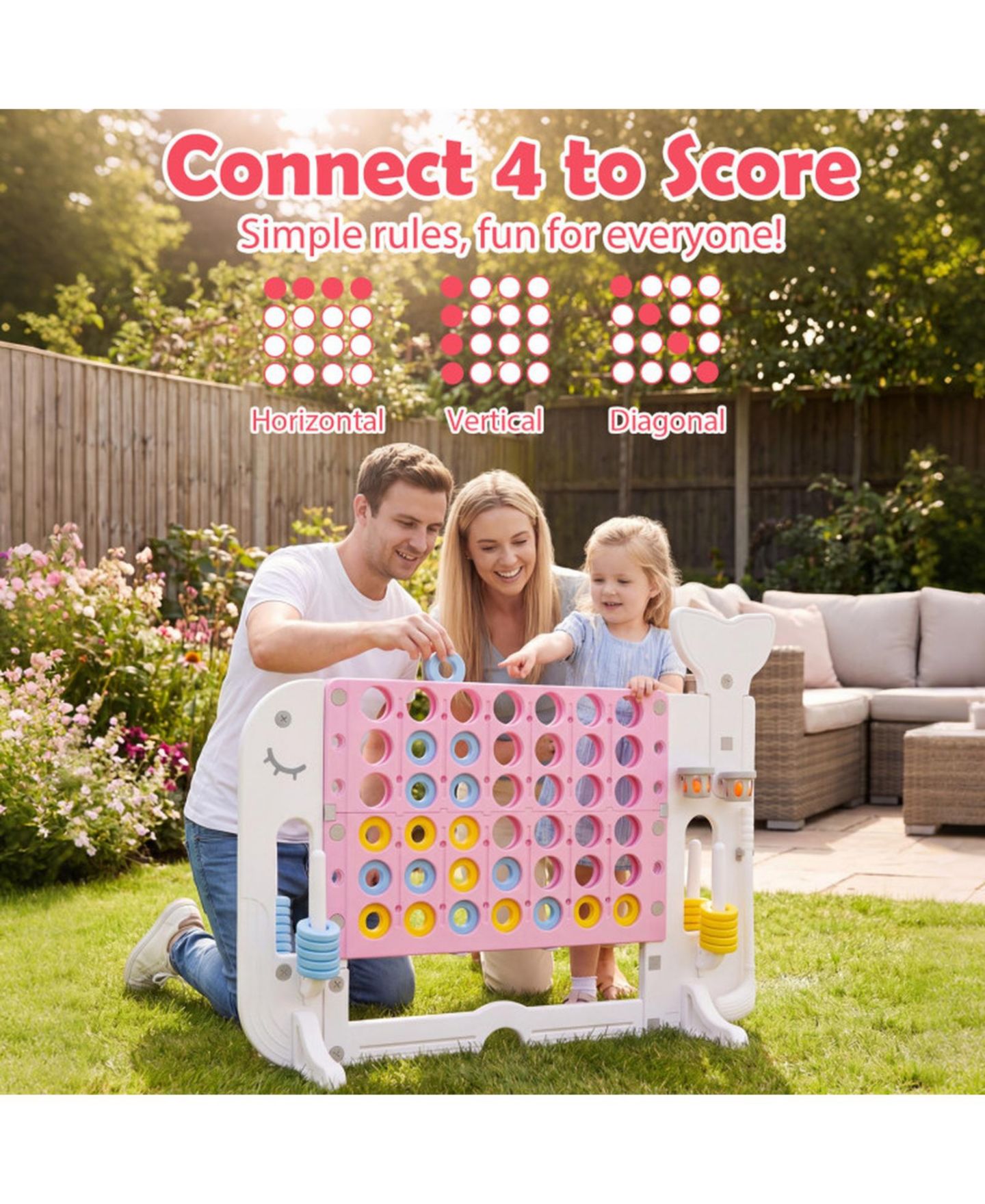 Детские игрушки HONGGE Giant 4-in-1 Connect Four Yard Game Set with Adjustable Height, Ages 5+, цвет: Розовый — фото 4