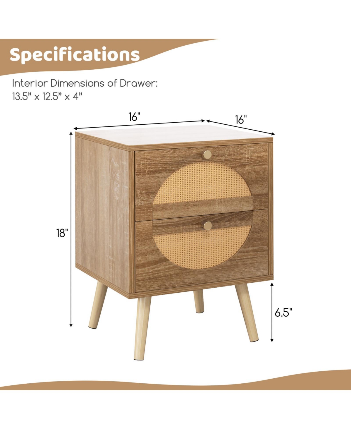 Costway 2 Pieces Rattan Nightstand with 2 Drawers Solid Wood Legs Compact Wood Coffee Table