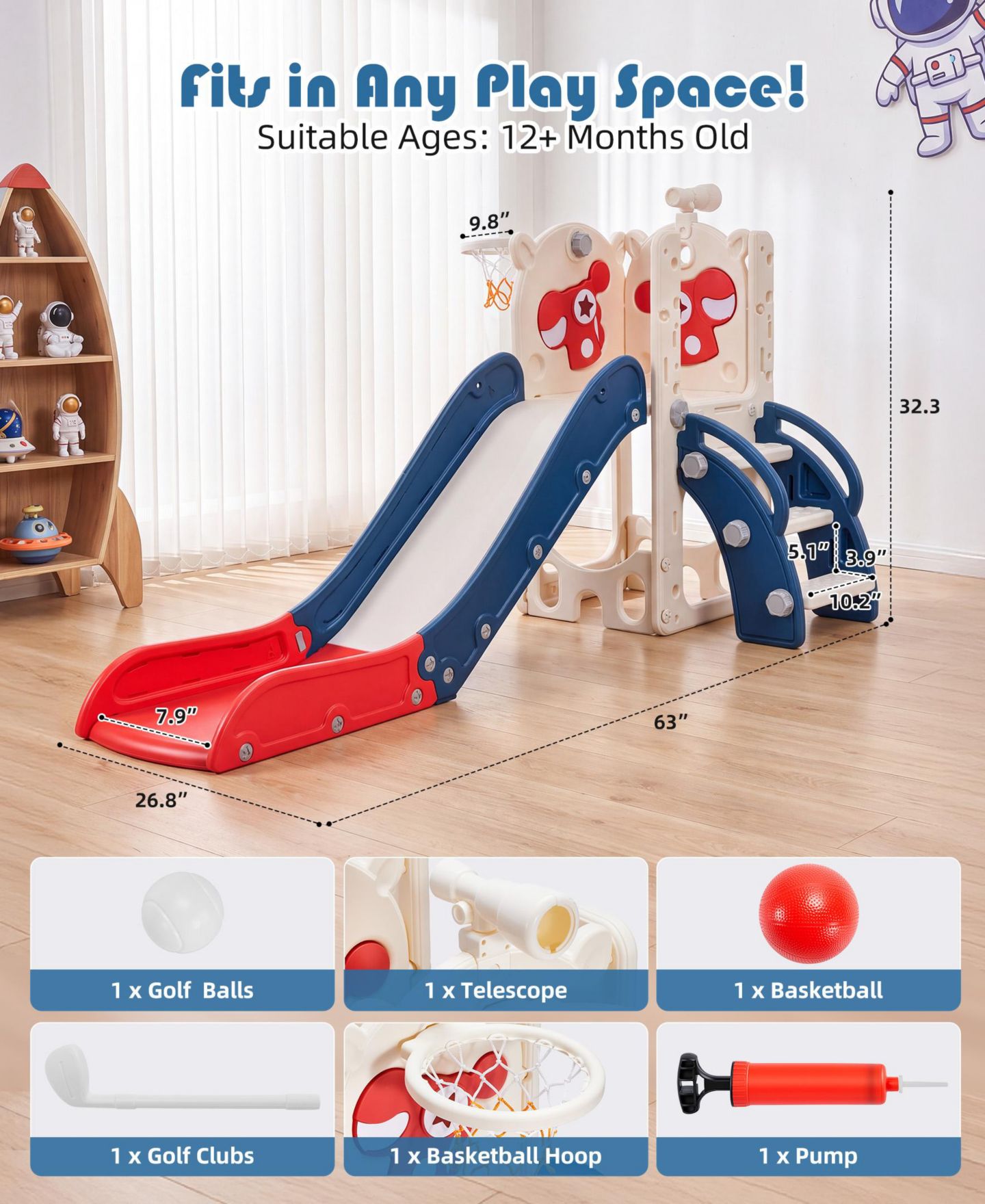 Детская игрушка SUGIFT 7-in-1 Toddler Slide with Basketball Hoop, Golf, Telescope and Hiding Area Play Set, Ages 1-3, цвет: Синий — фото 4