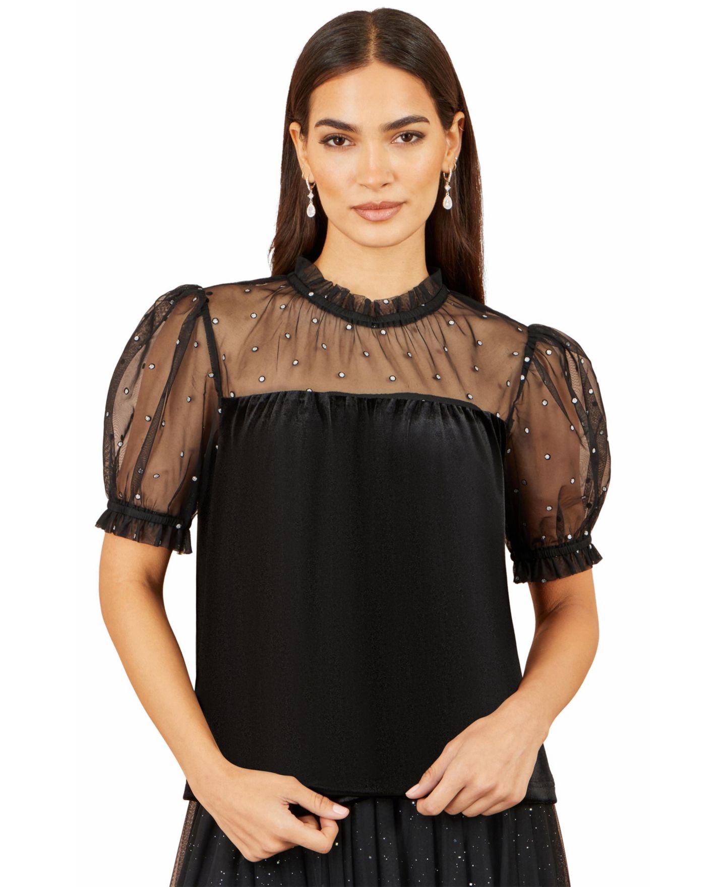 Женский топ Yumi Embellished Velvet Mock-Neck, цвет: Чёрный — фото 2