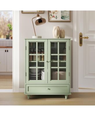 Minimalist Buffet Cabinet with Double Glass Doors and Drawer, Modern Wooden Storage Sideboard Cupboard