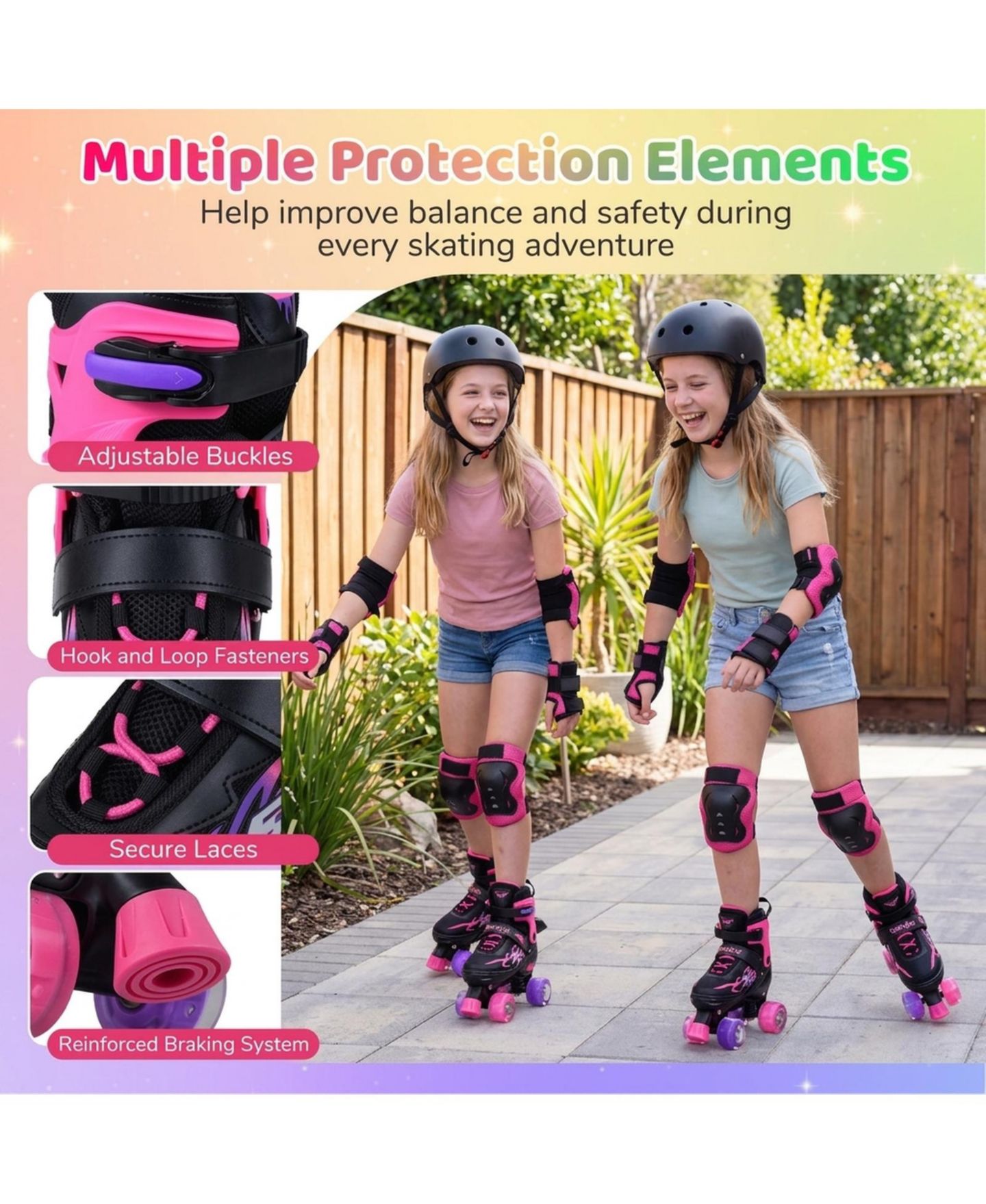 Детские игрушки HONGGE Teen Adjustable Quad Roller Skates with Light-Up Wheels, Ages 9+, цвет: Розовый — фото 8