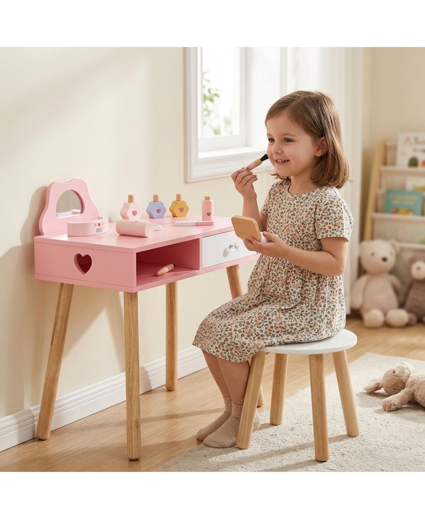 Детские игрушки SUGIFT Pretend Nail Salon 2-in-1 3-Piece Table, Chair, and Stool Set, Ages 3-8, цвет: Розовый — фото 2